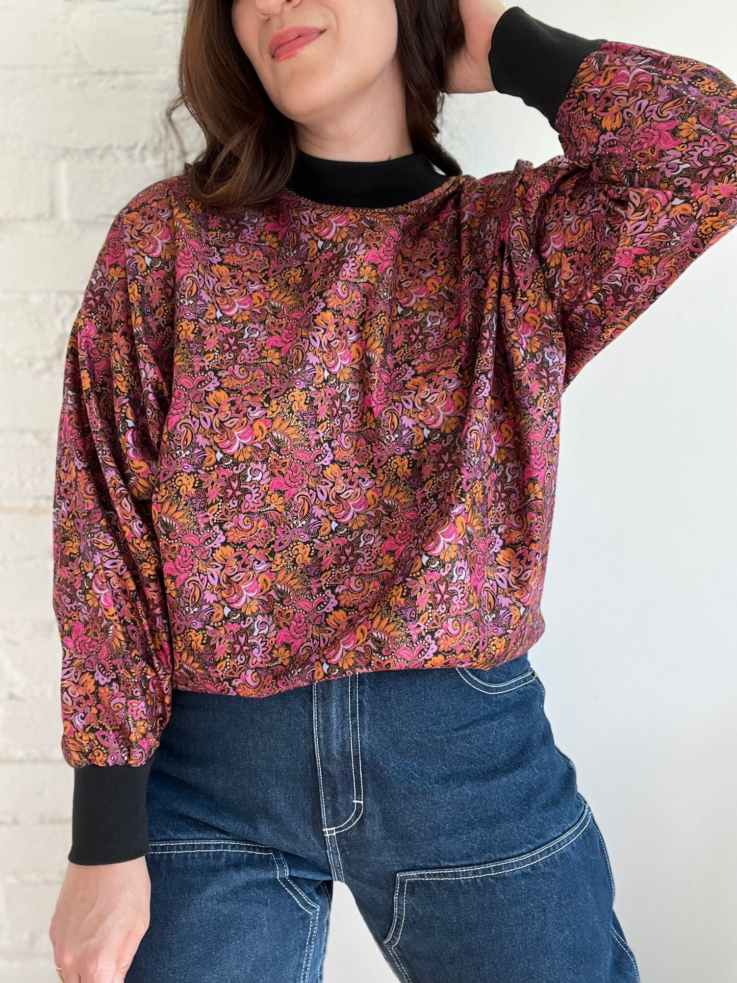 Gold Stitch Pink Paisley Pullover - L