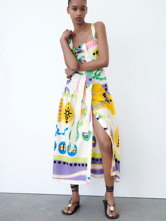 Colourful Printed Midi Dress - L/XL