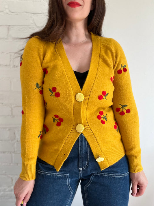 Mustard Yellow Cherry Cardigan - S