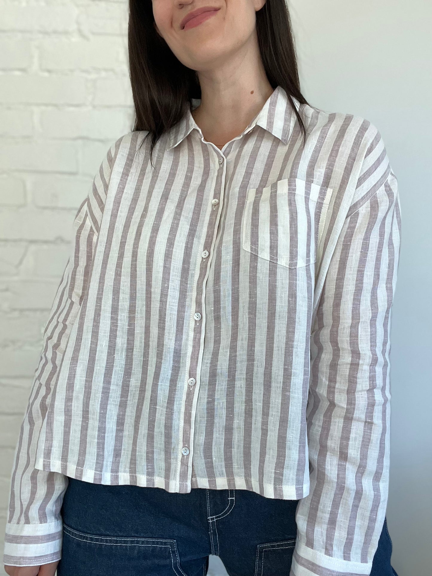 100% Linen Blush & White Blouse - Size M