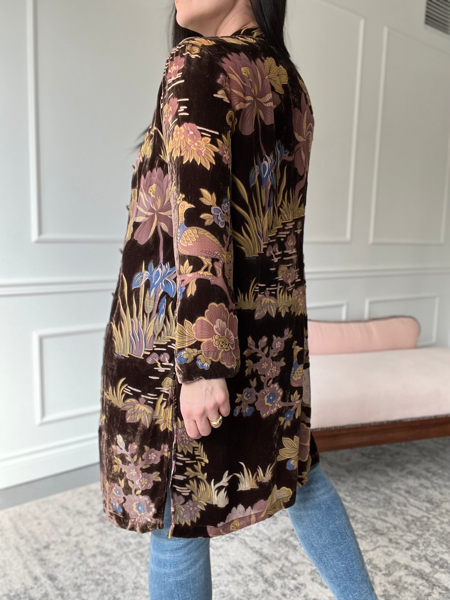 Neutral Floral Velvet Duster - Size XS