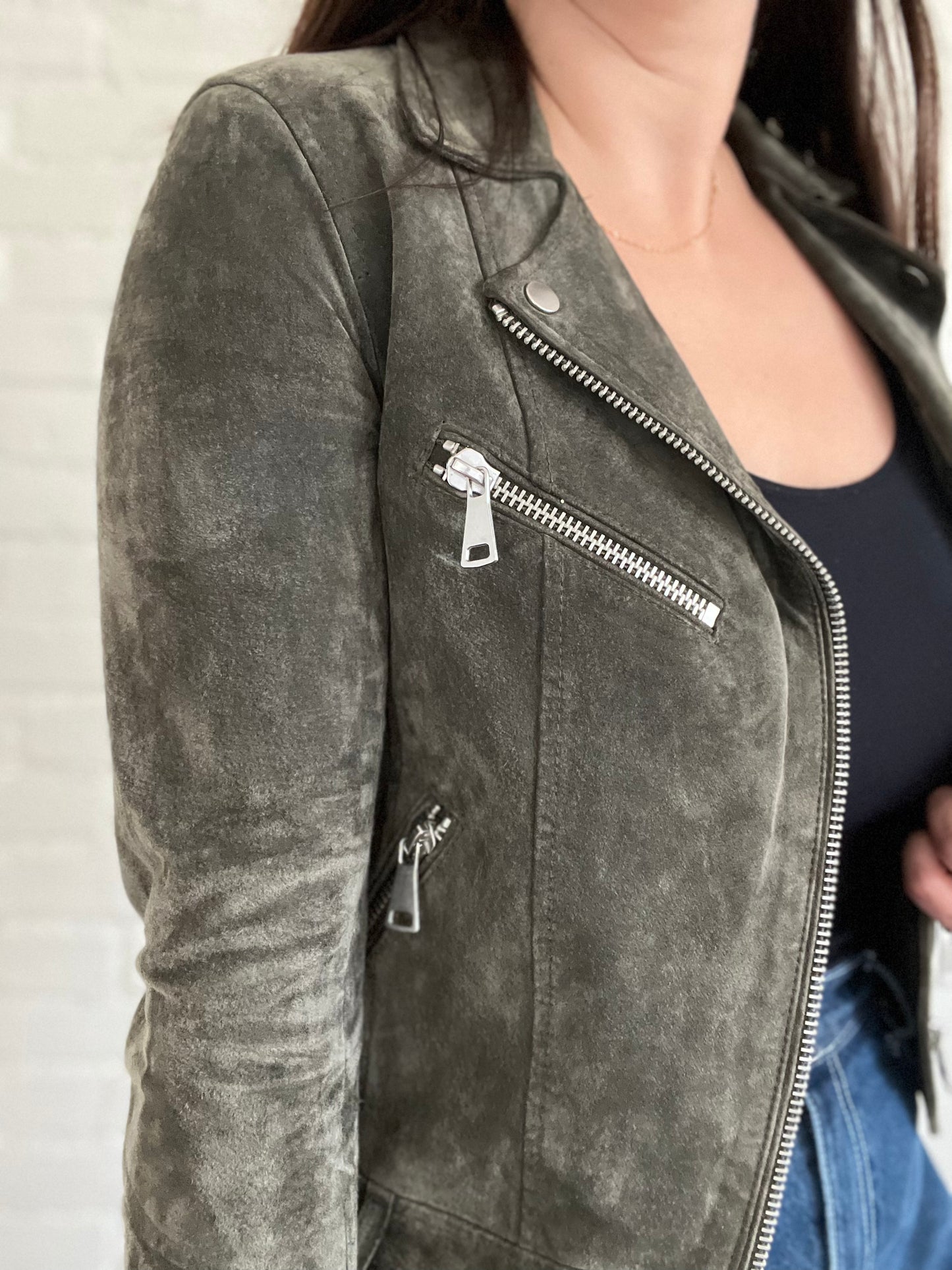 Army Green 100% Leather Suede Moto Jacket - Size 4