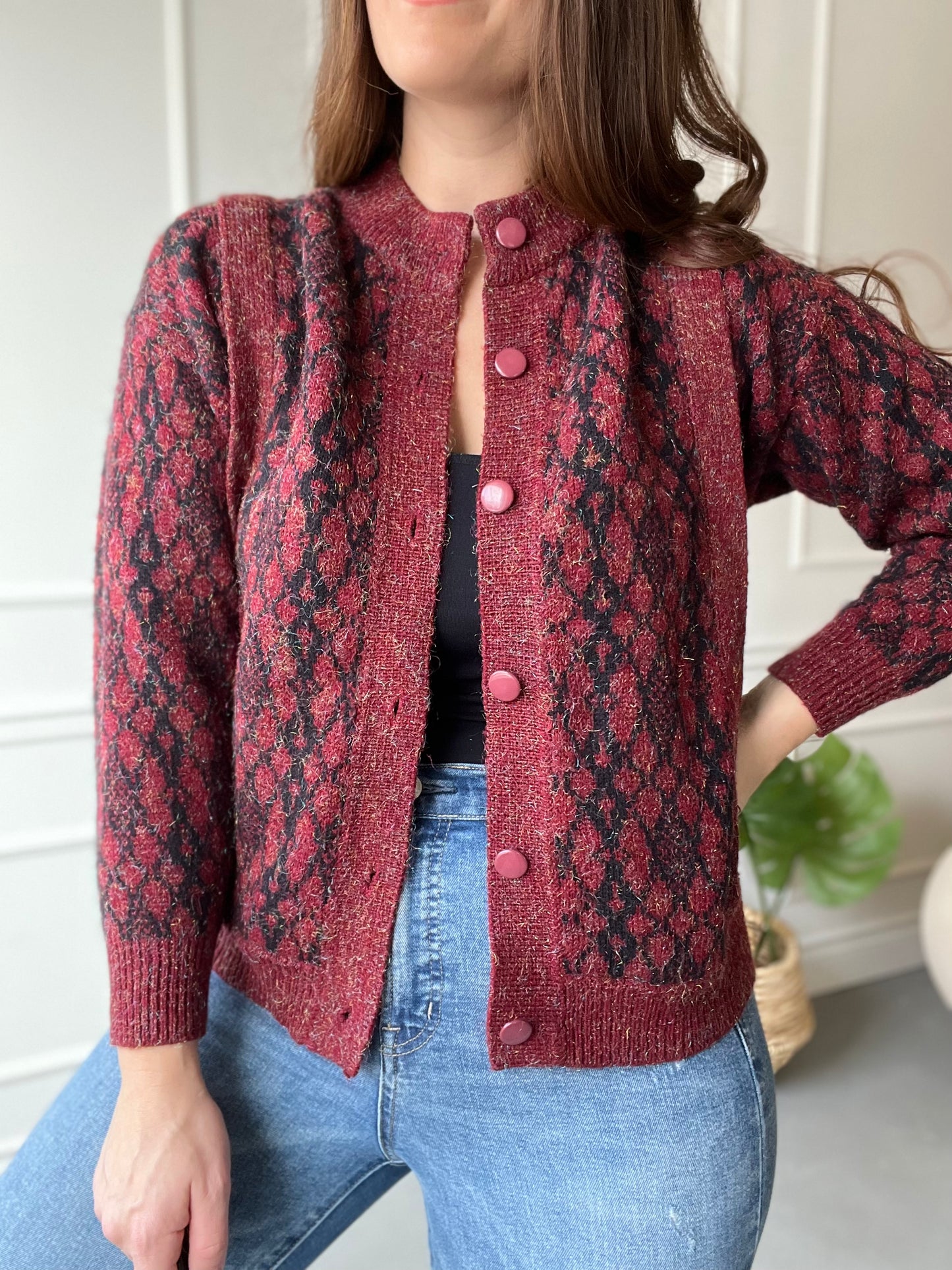 Red and Black Giraffe Tinsel Sweater - Size S/M