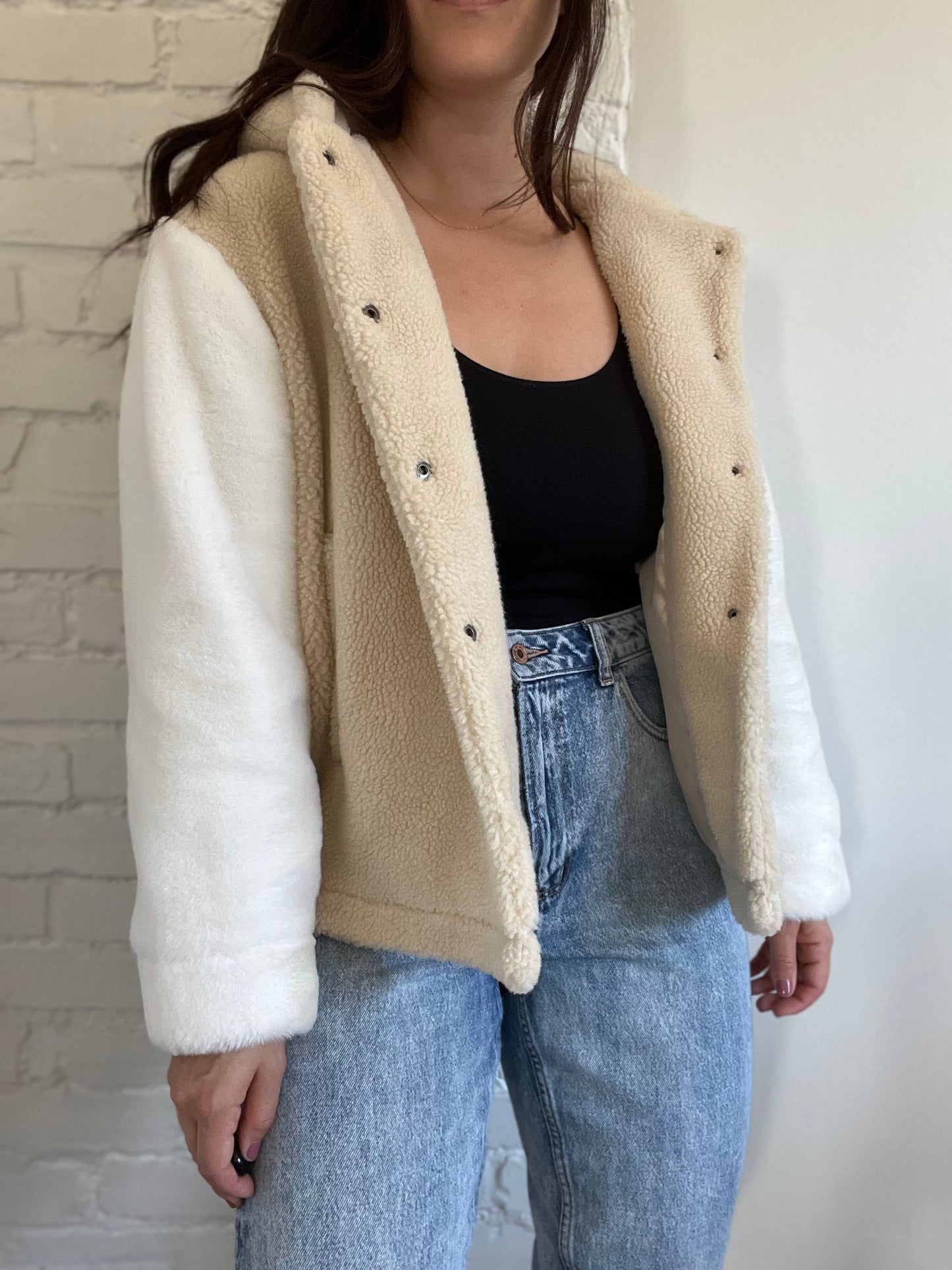 Sherpa & Faux White Fur Jacket - Size S/M