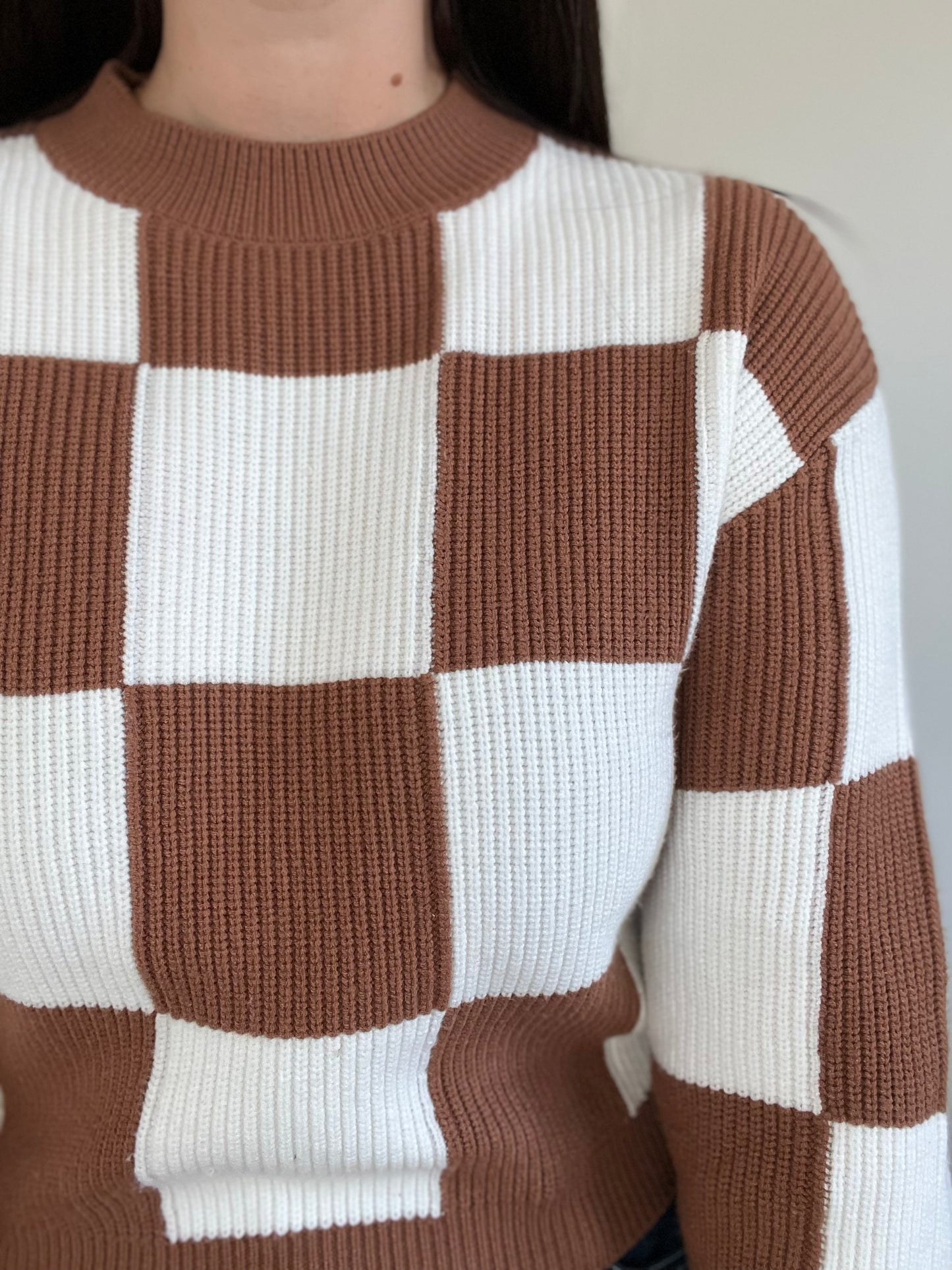 Camel & White Checkered Sweater - Size S