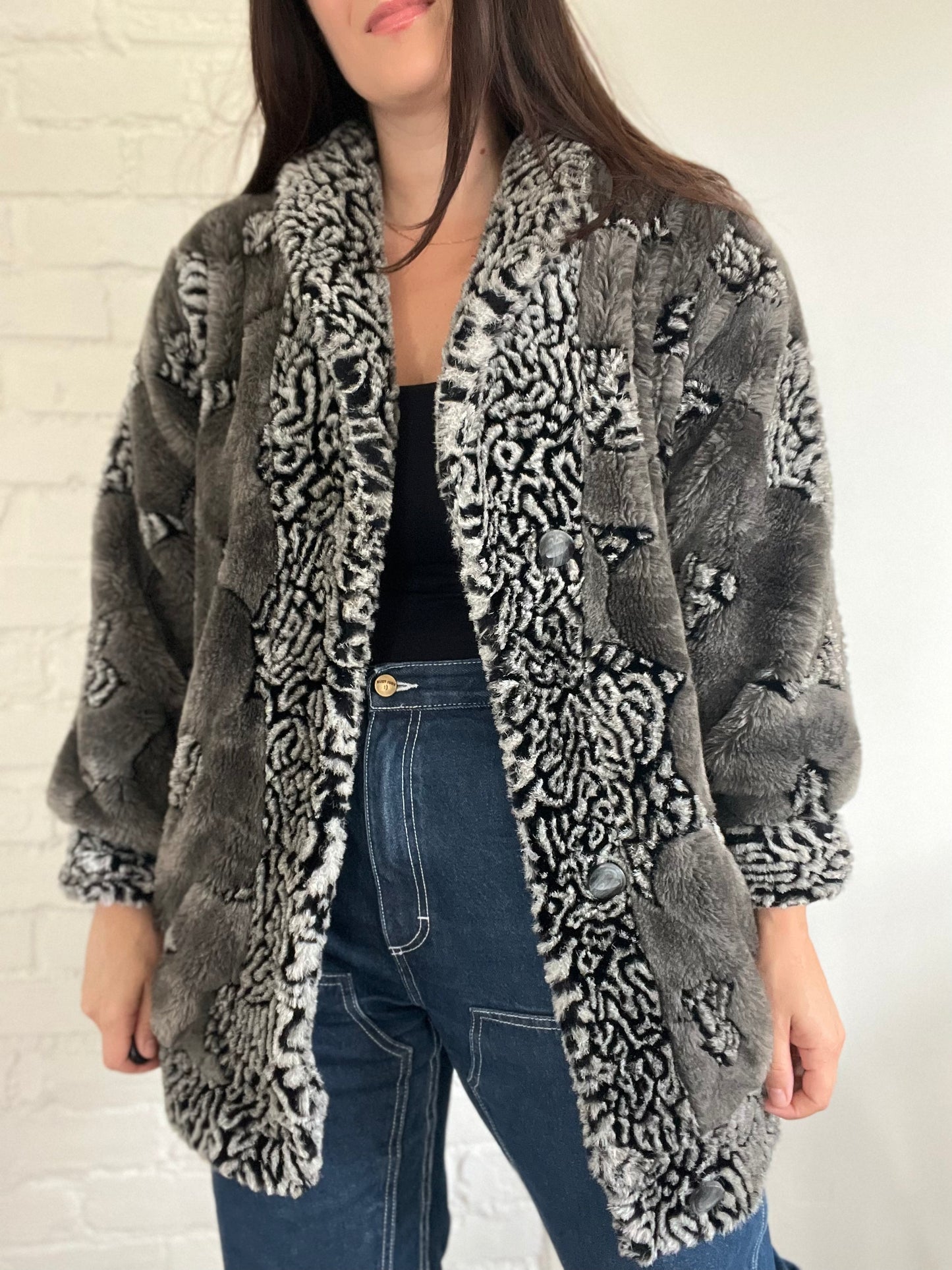 Grey & Black Faux Fur Jacket - Size S/M
