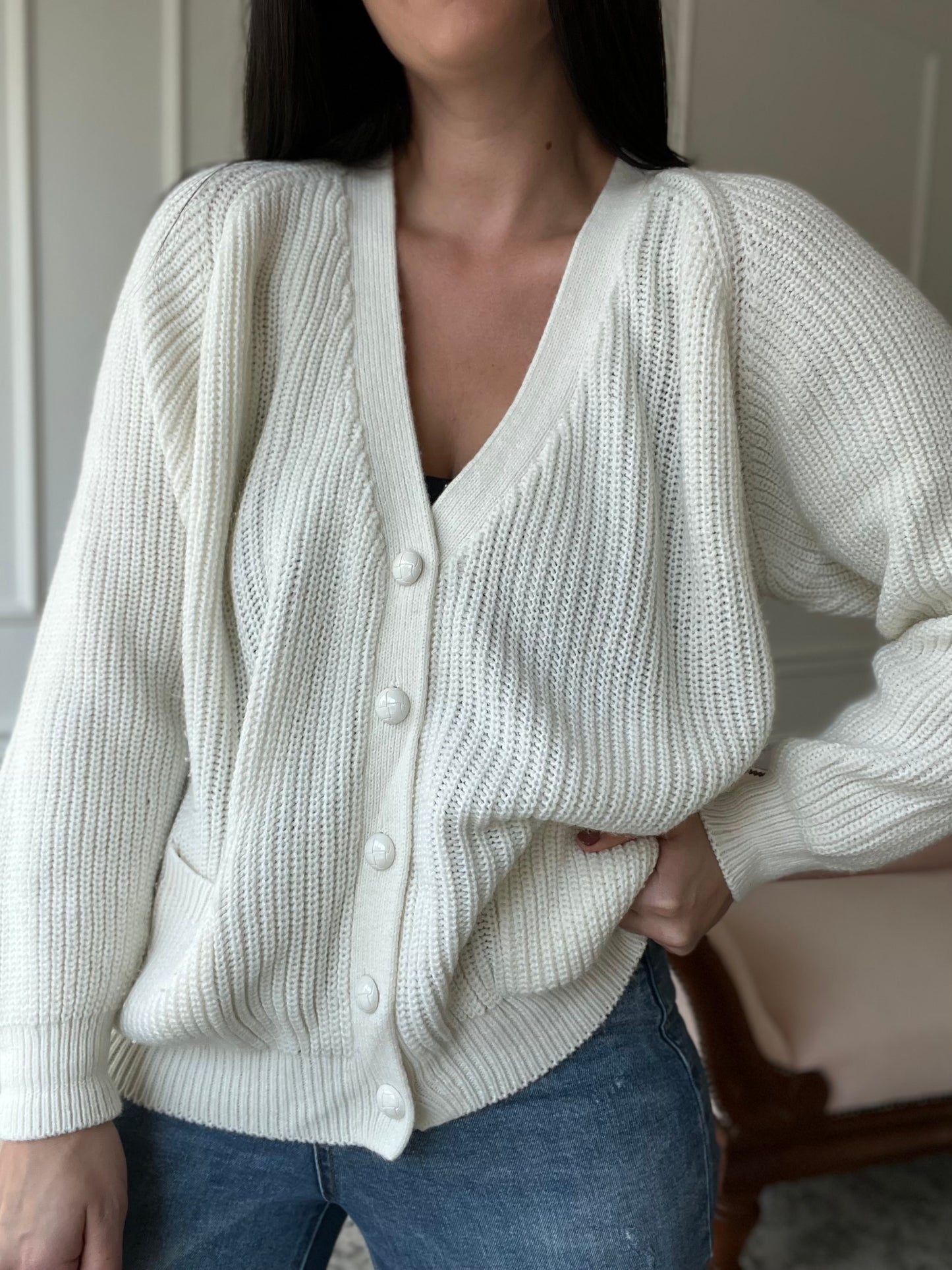 White Plush Vintage Cardigan - Size L