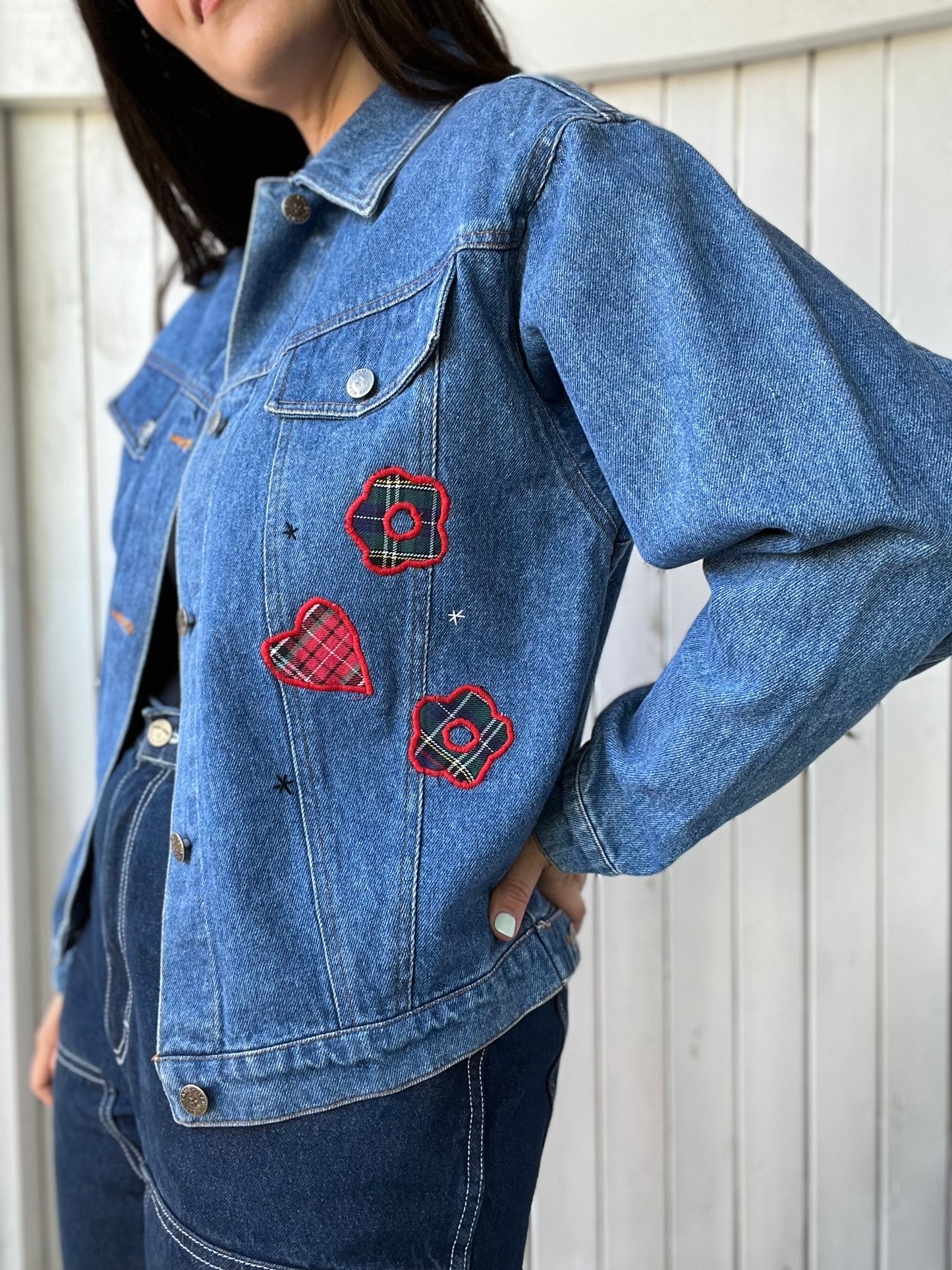 Patched Plaid Denim Jacket - Size M
