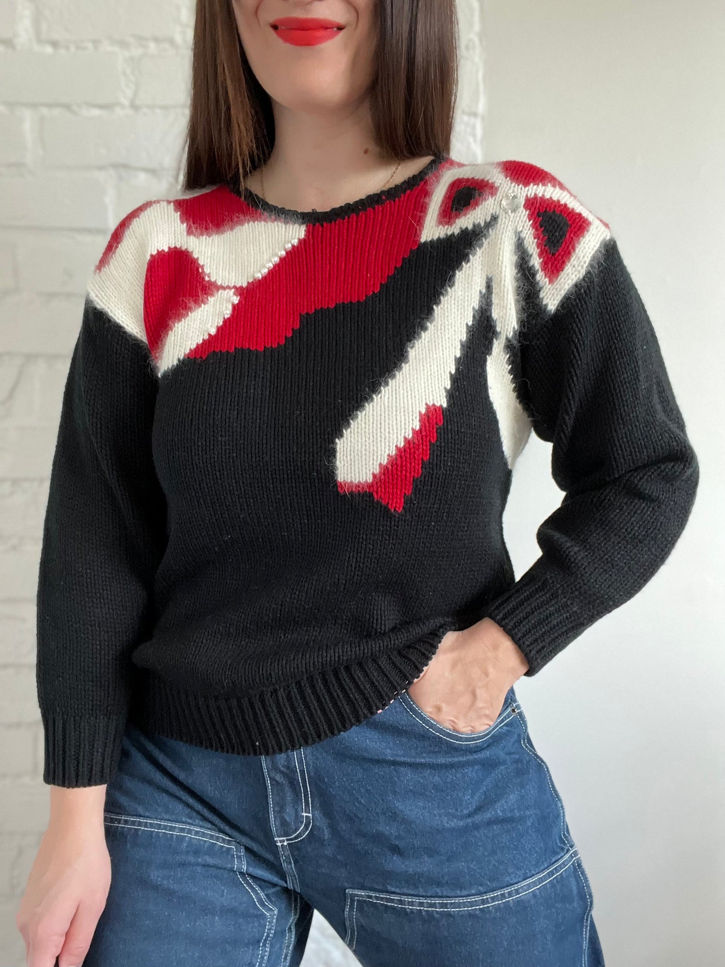 Vintage Holiday Bow Knit Sweater - Size S/M