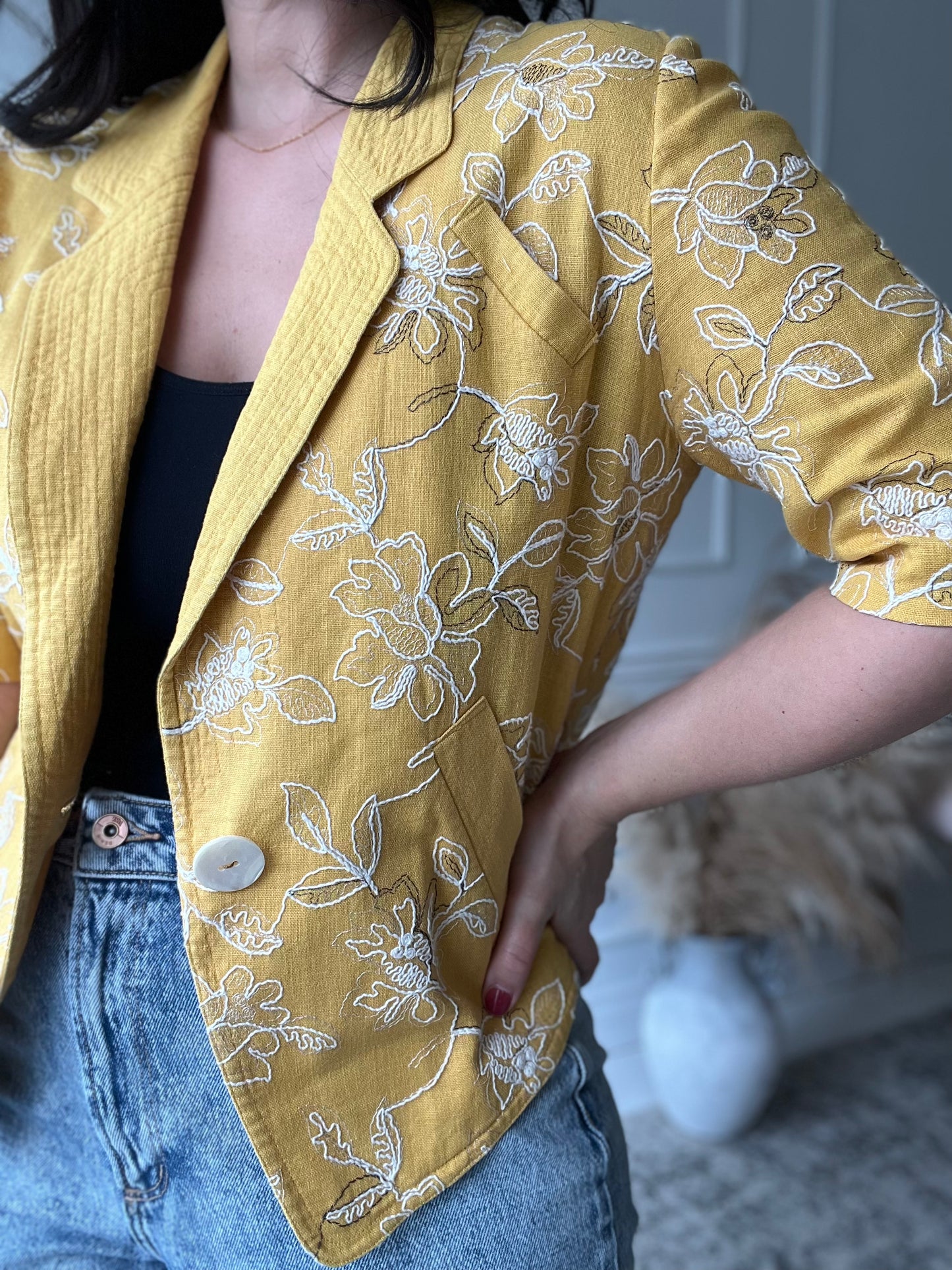 Yellow Embroidered Linen Top - Size M/L