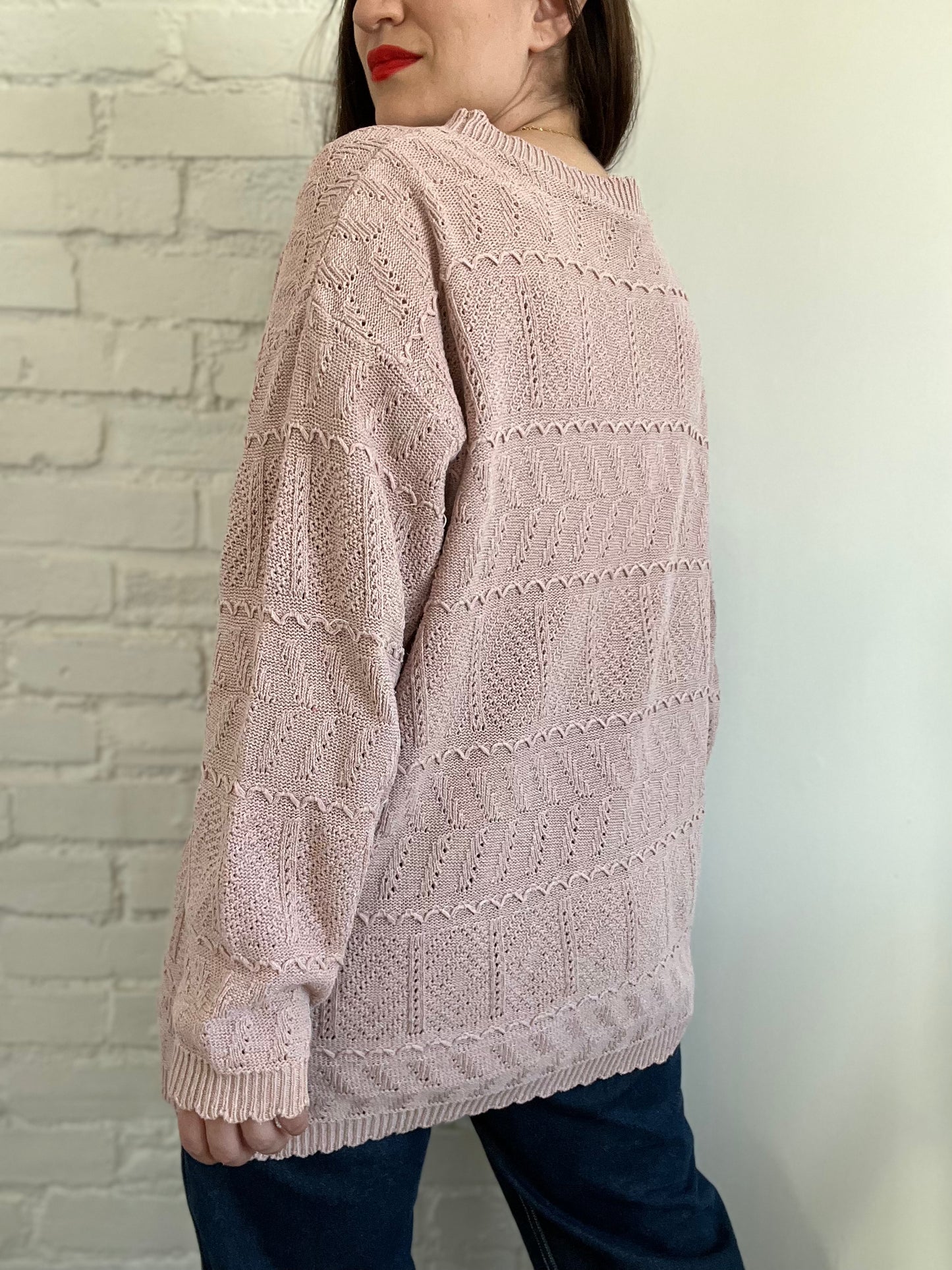 Blush Pink Crochet Sweater - XL
