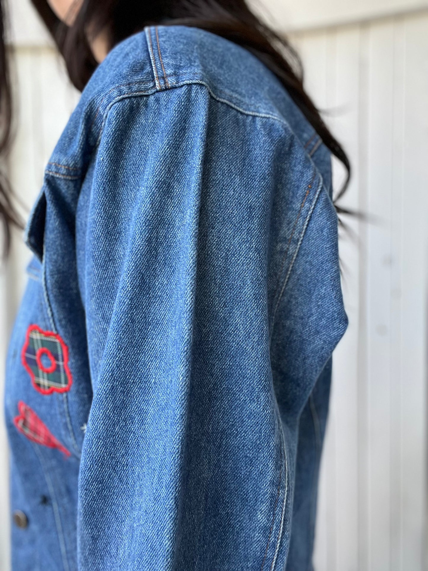 Patched Plaid Denim Jacket - Size M