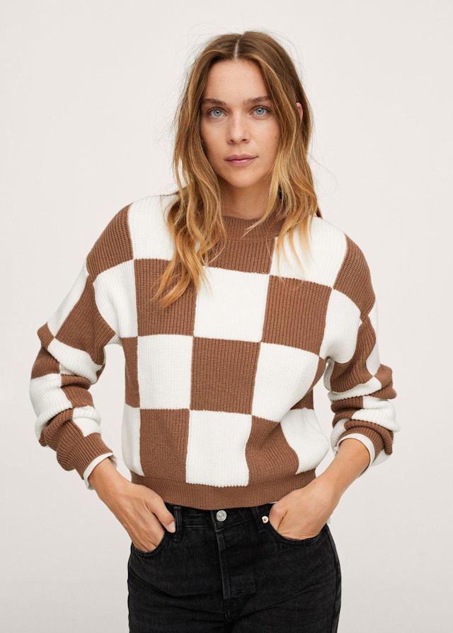 Camel & White Checkered Sweater - Size S