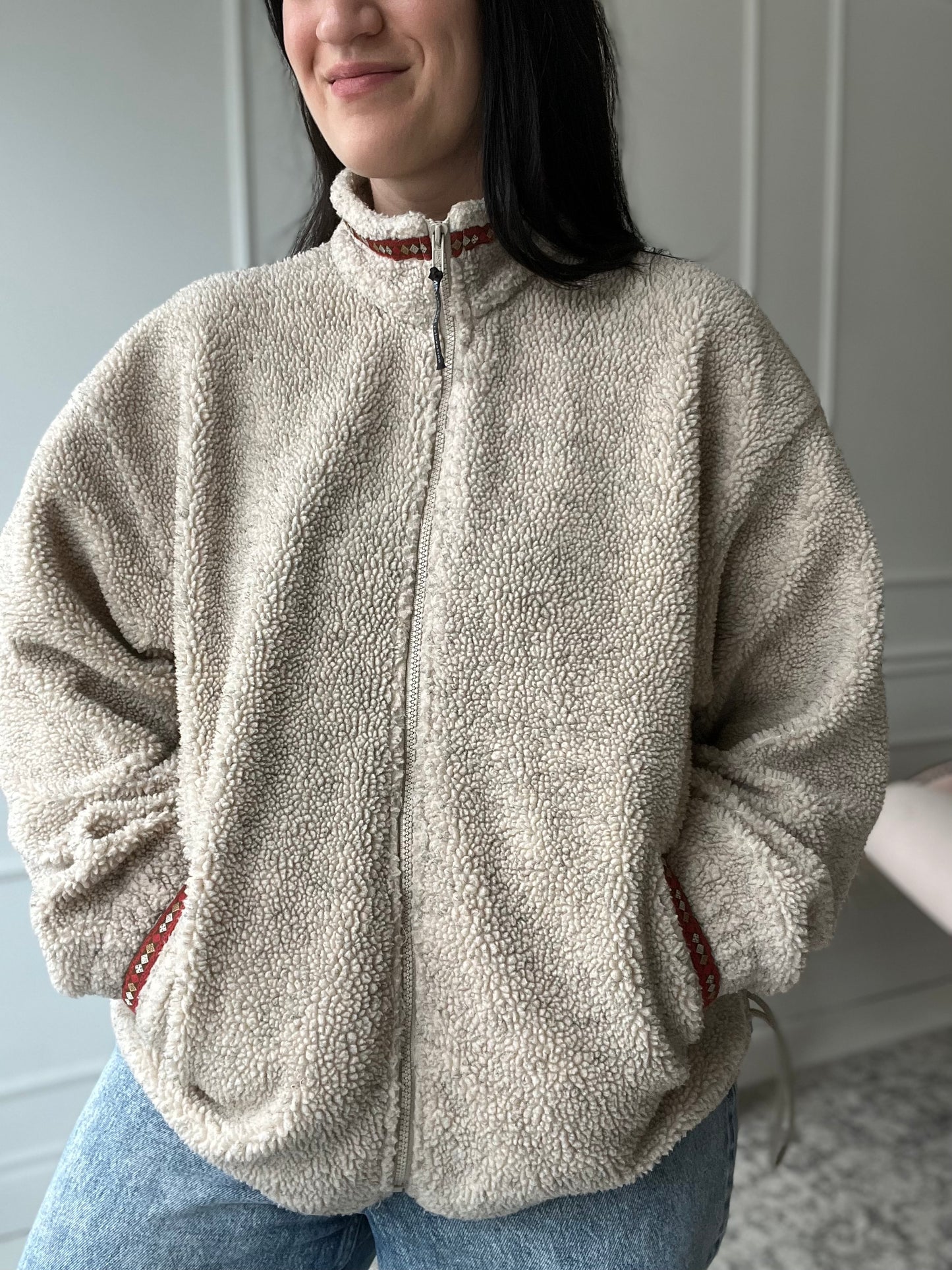 Vintage Beige Sherpa Fleece Jacket - Size XL
