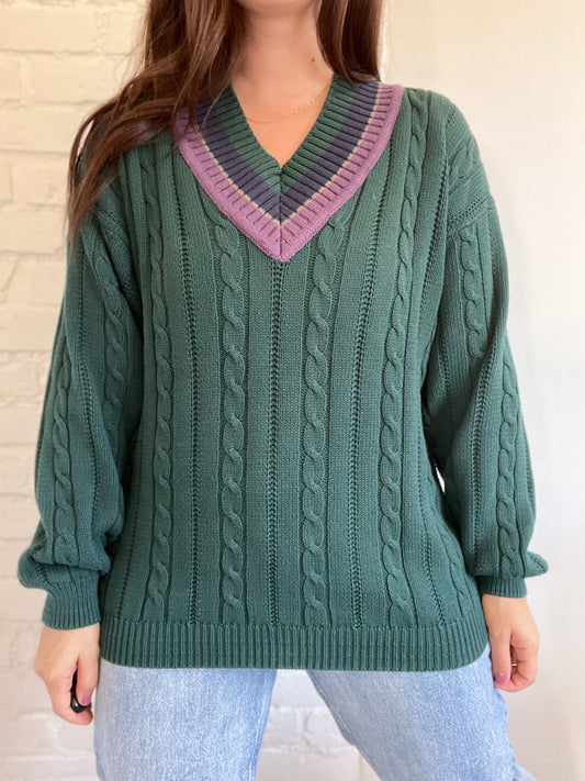 Hunter Green Tennis Cable Knit Sweater - L