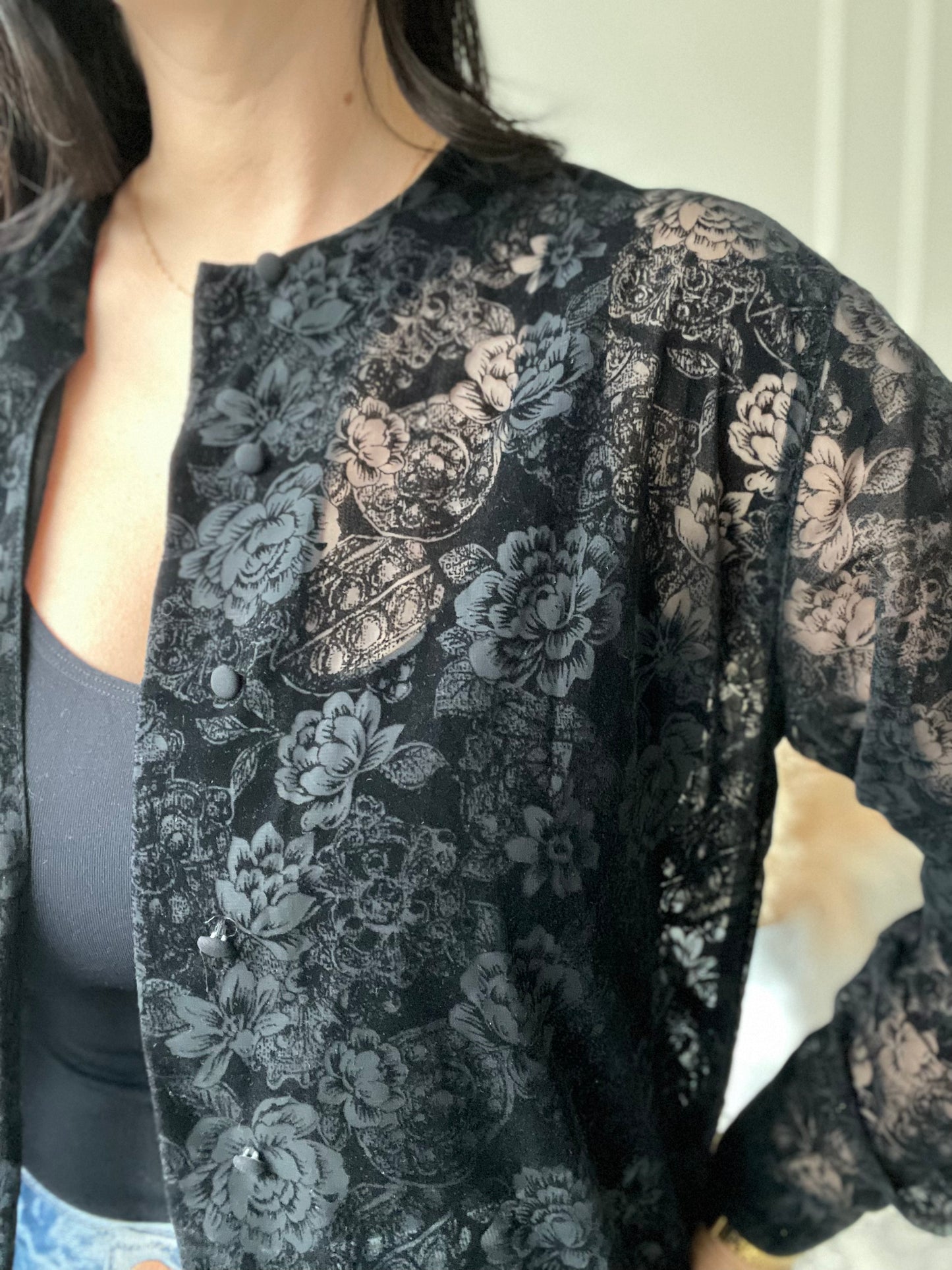 Sheer Velvet Floral Button Up - Size XL