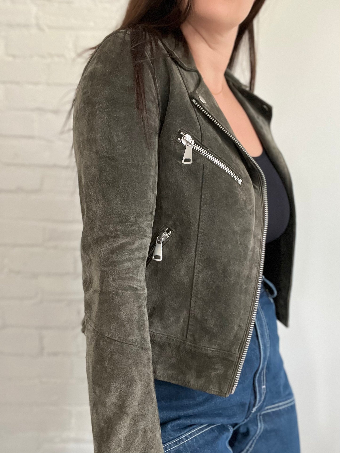 Army Green 100% Leather Suede Moto Jacket - Size 4
