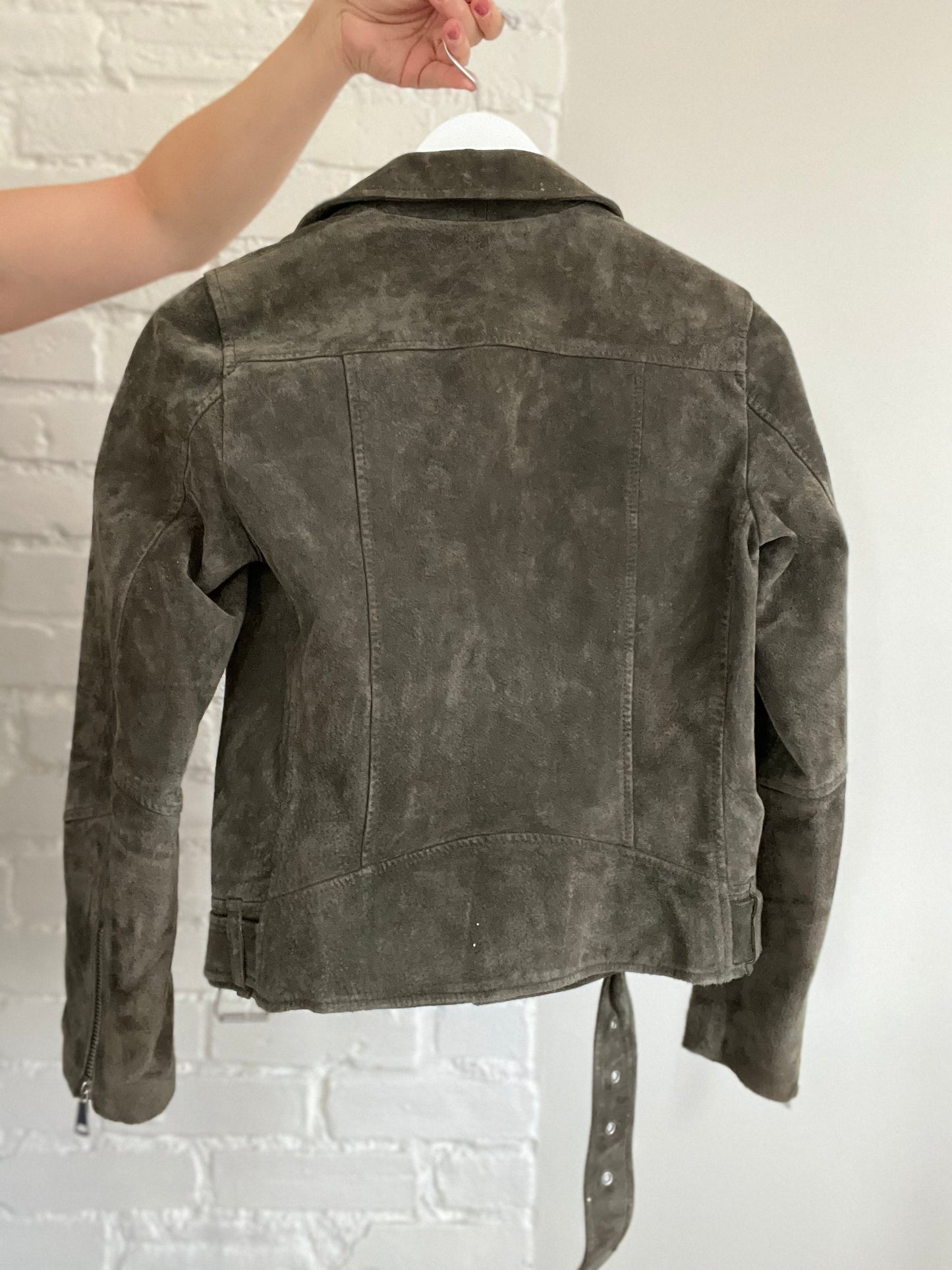 Army Green 100% Leather Suede Moto Jacket - Size 4