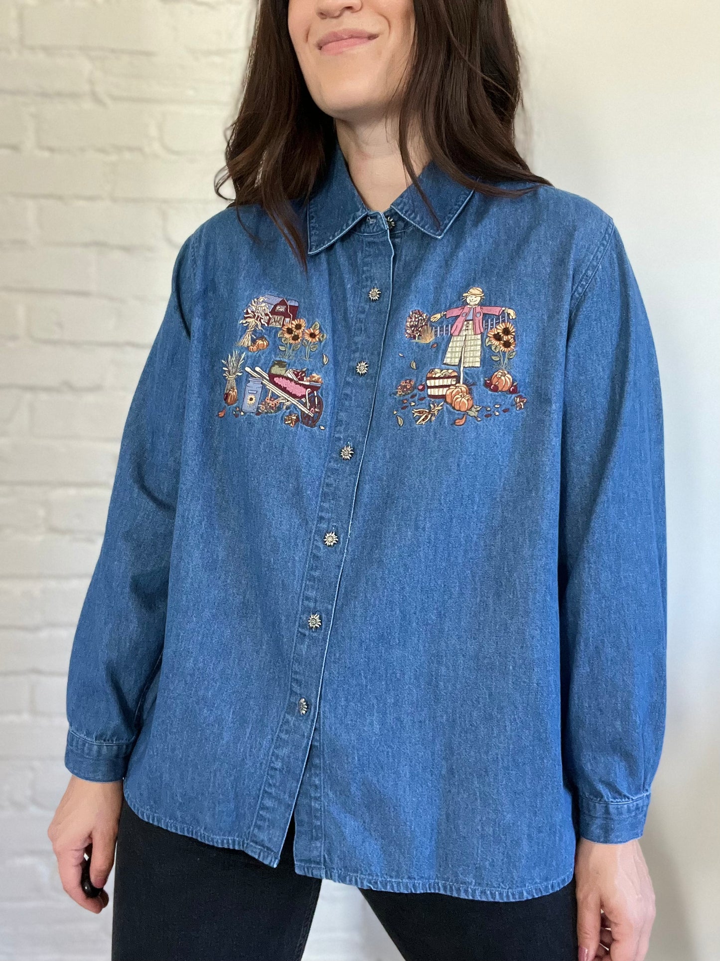 Pumpkin Denim Fall Button Up Shirt - Size XL