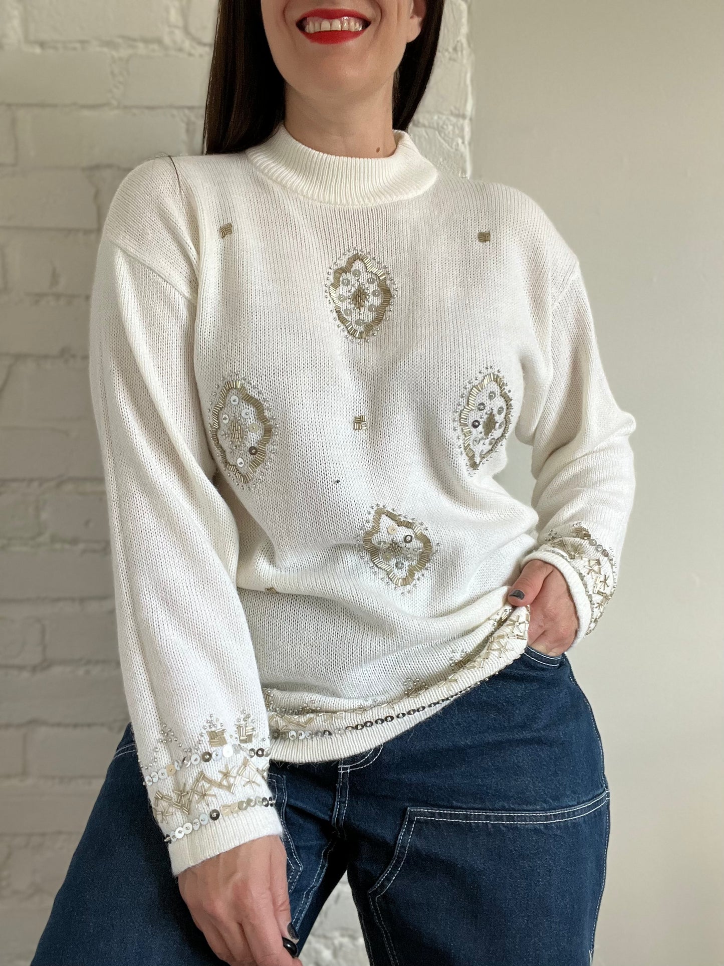 Sequinned Holiday Knit Sweater - M