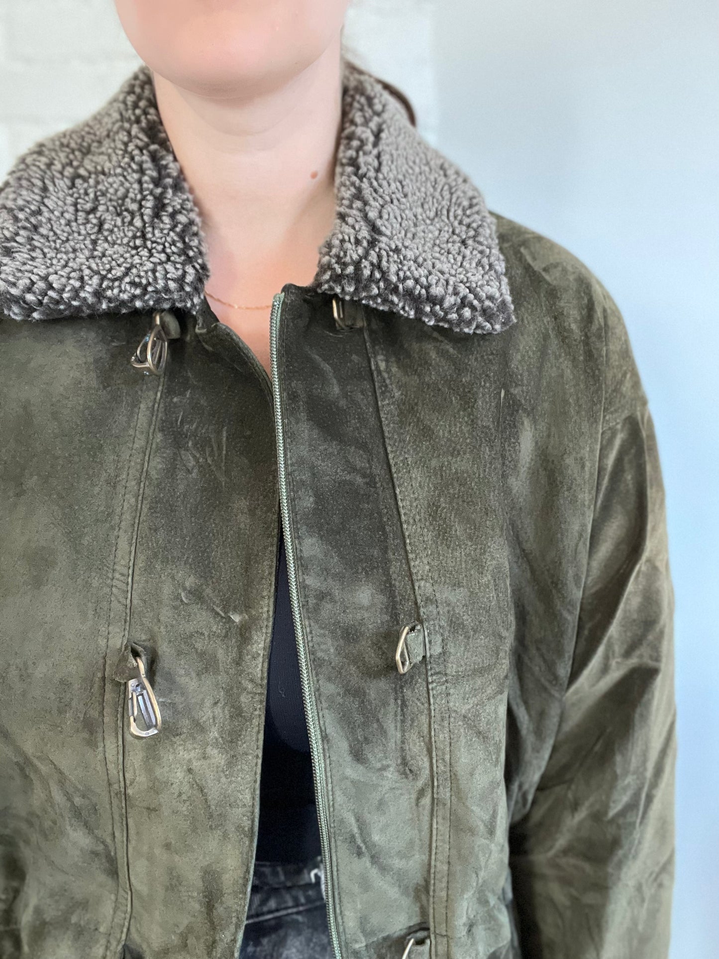 Olive Green Suede Leather Jacket - Size S/M