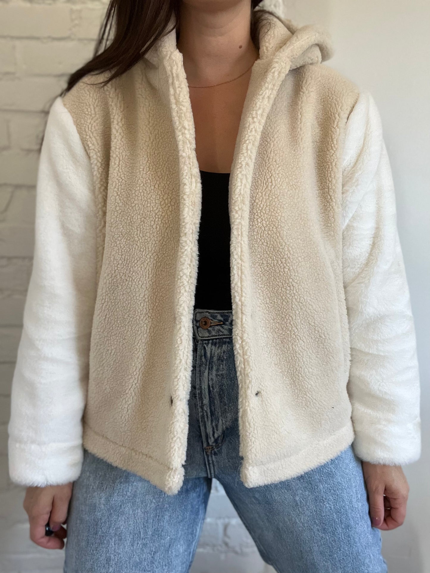 Sherpa & Faux White Fur Jacket - Size S/M