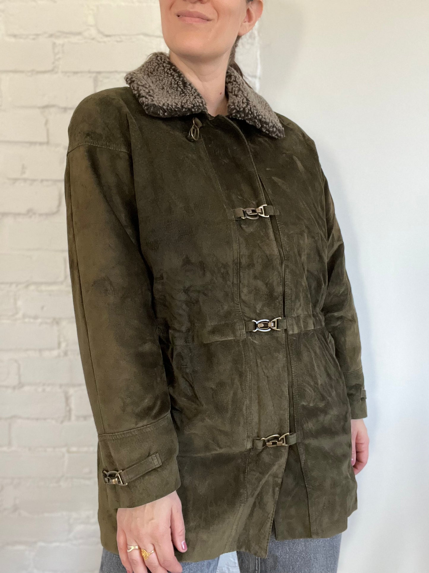 Olive Green Suede Leather Jacket - Size S/M