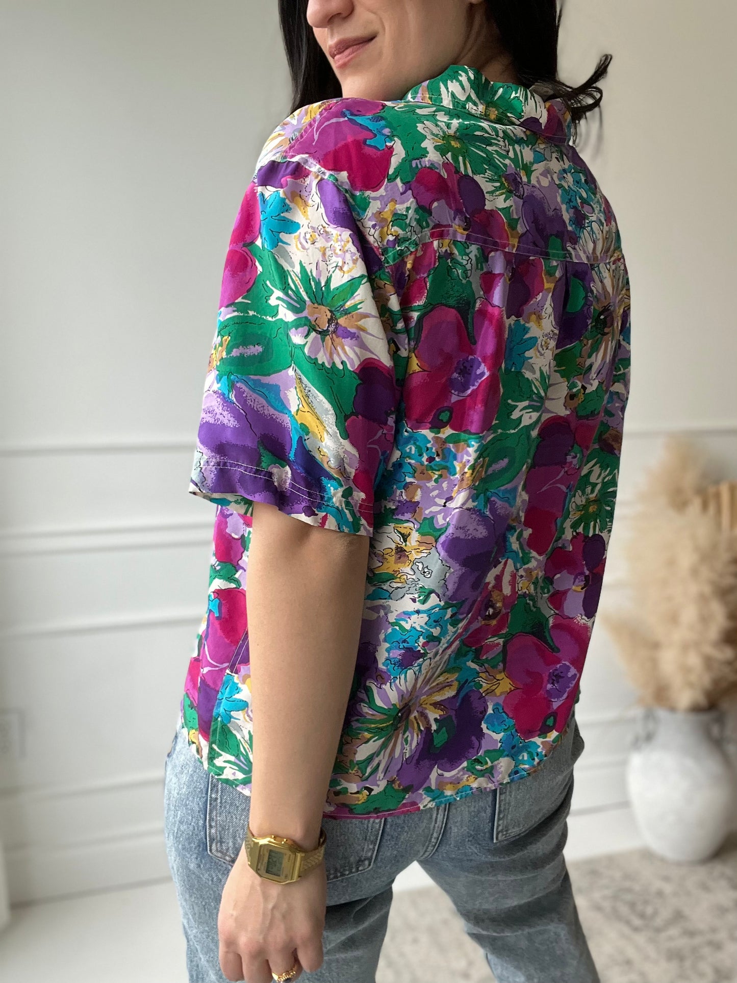 Bright Floral 100% Silk Shirt - Size L