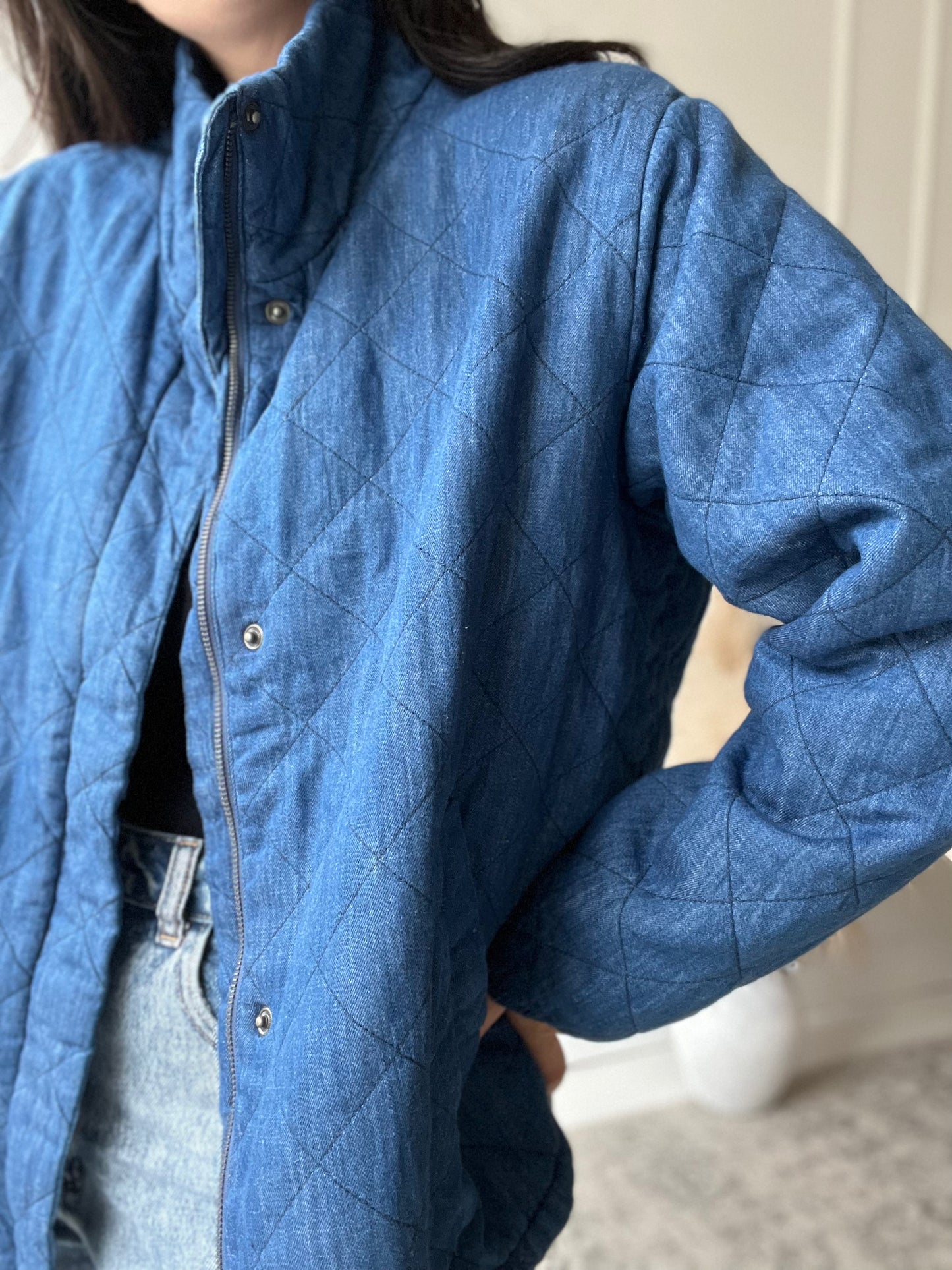 Chambray Quilted Puffer Jacket - Size XL