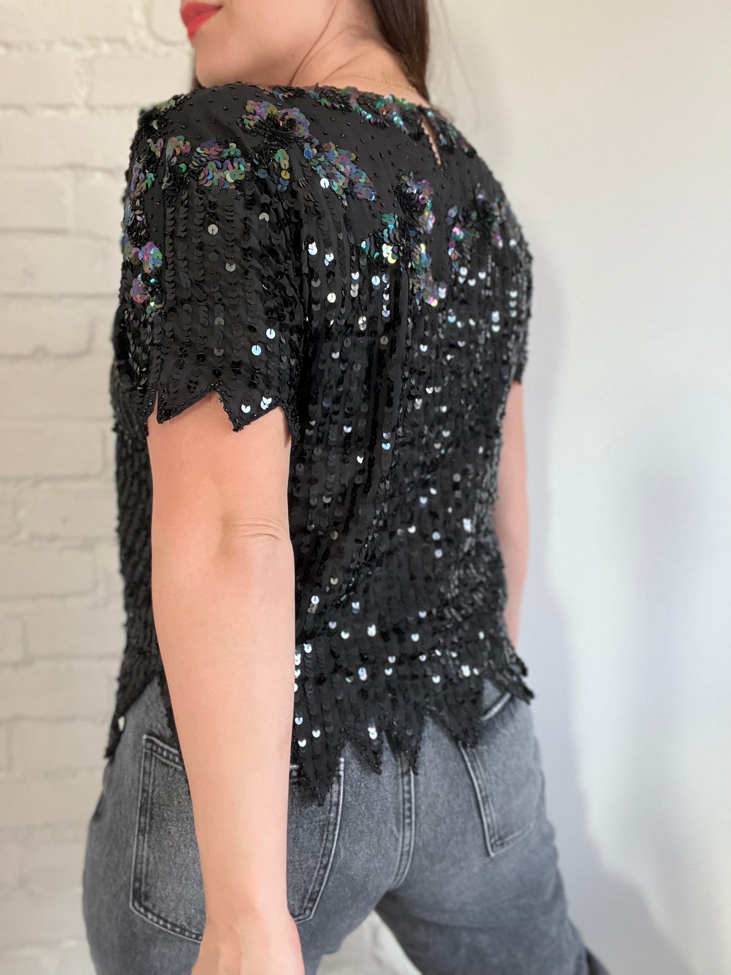 Black Sheer Sequinned Top - M