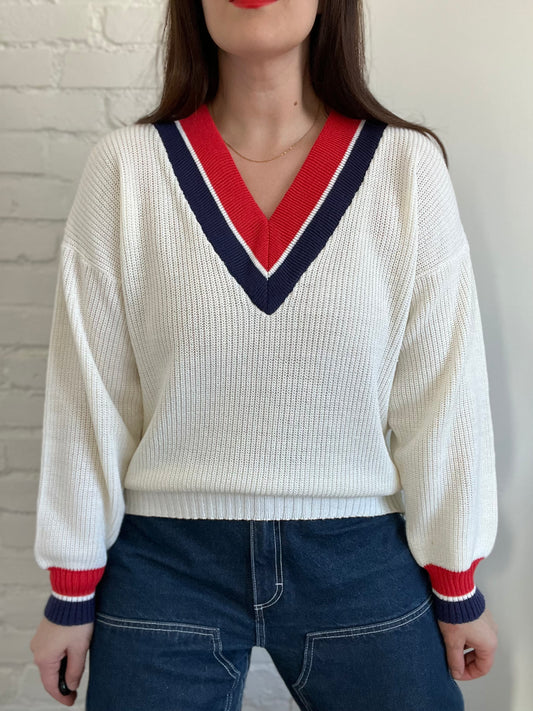 Tennis V-Neck Knit Sweater - L