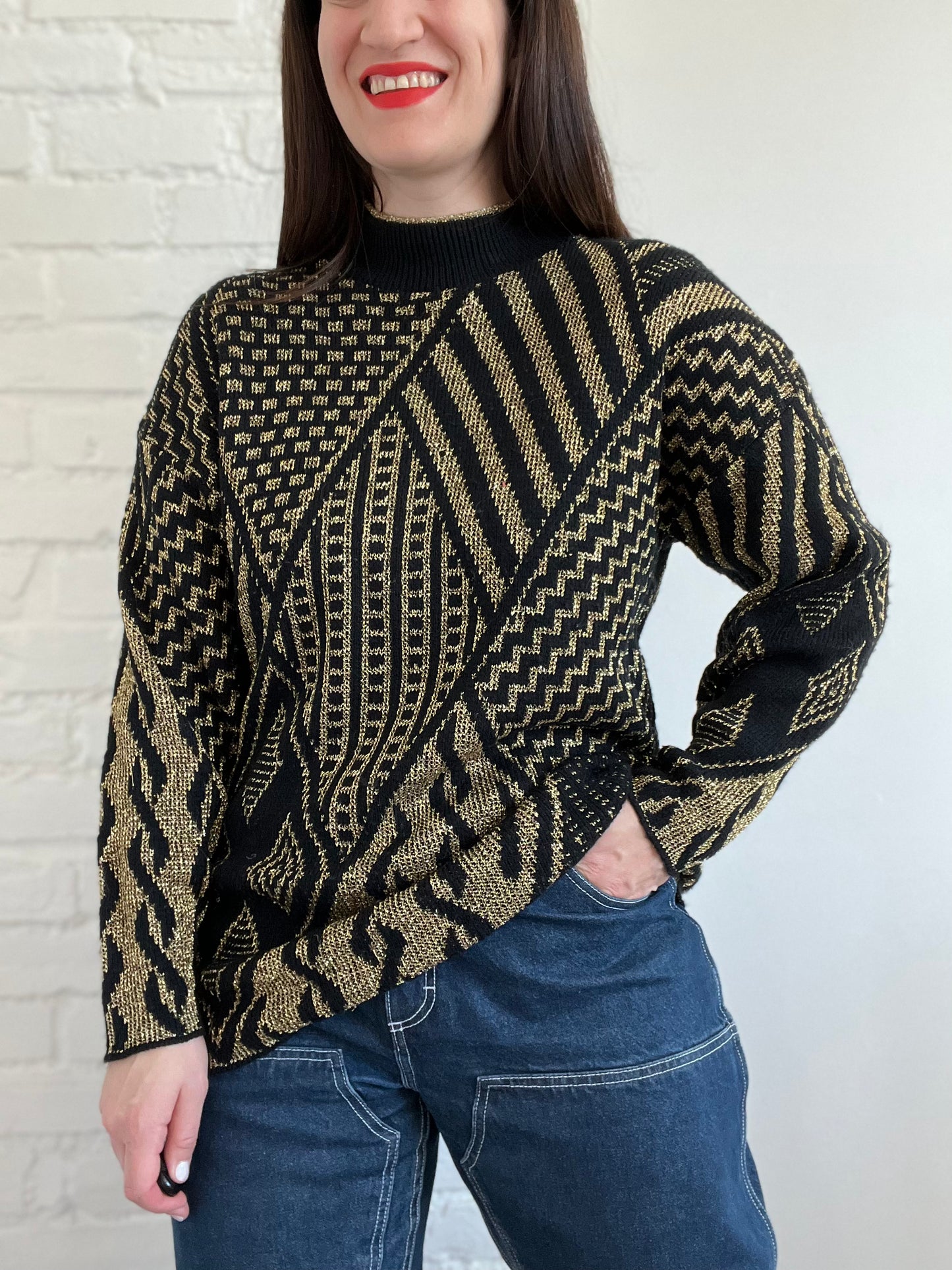 Black & Gold Metallic Knit Sweater - L