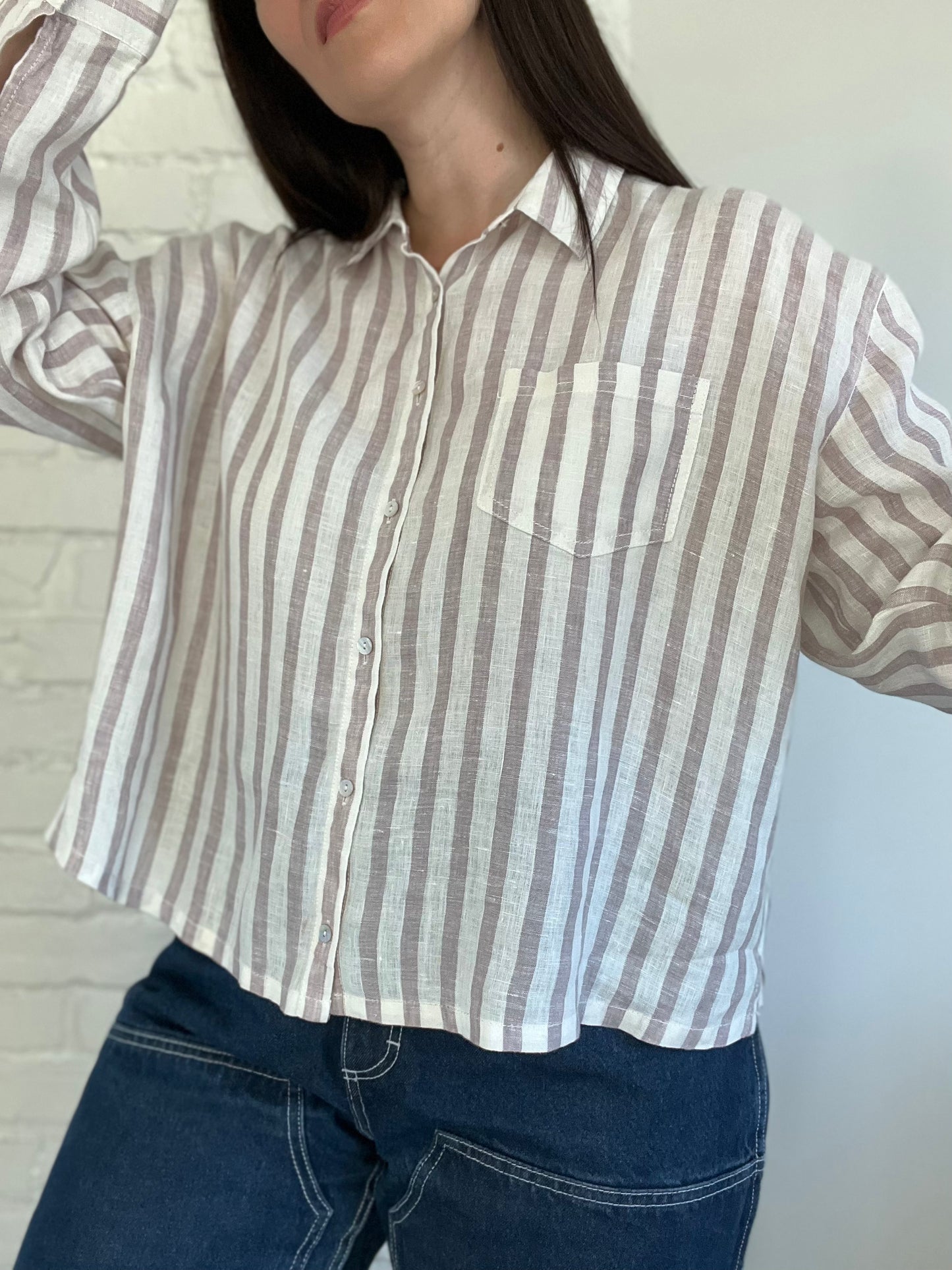 100% Linen Blush & White Blouse - Size M