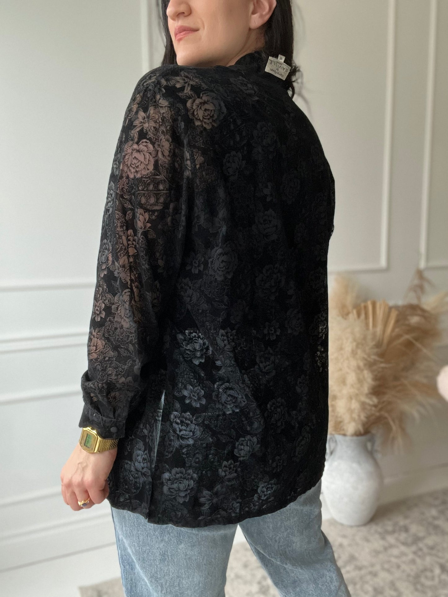 Sheer Velvet Floral Button Up - Size XL