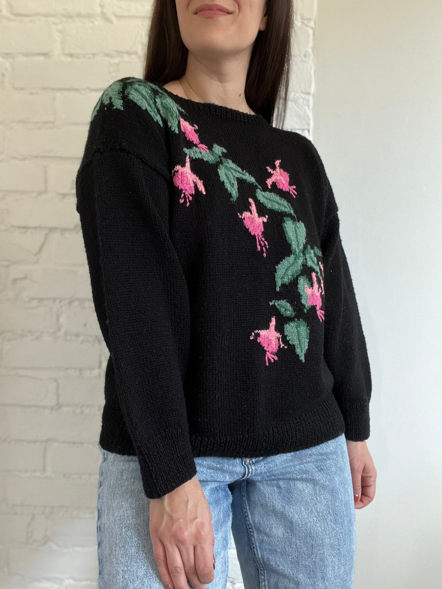 Hand Knit Black & Floral Sweater - Size L/XL