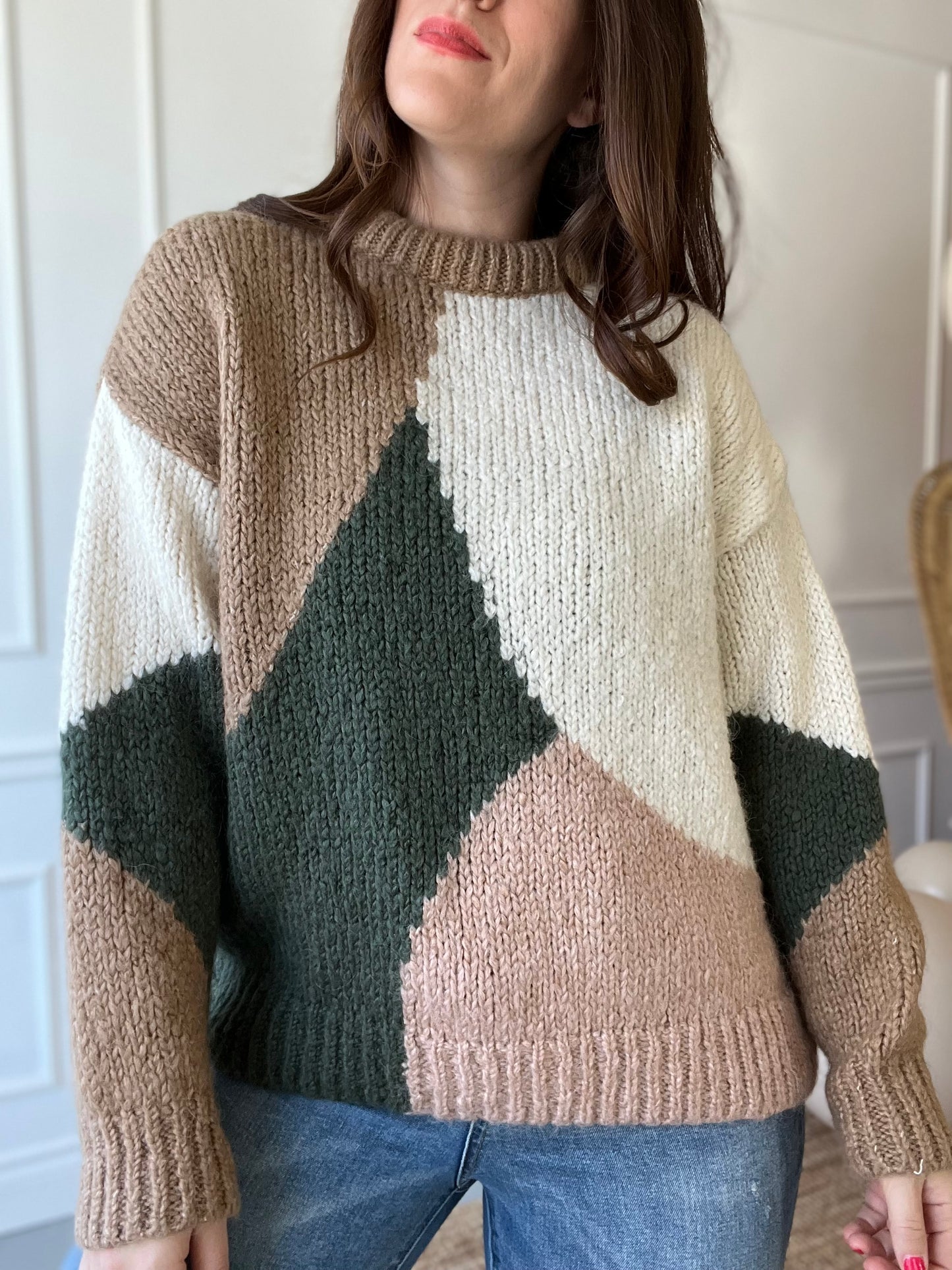 Geometrical Green and Blush Knit - Size L