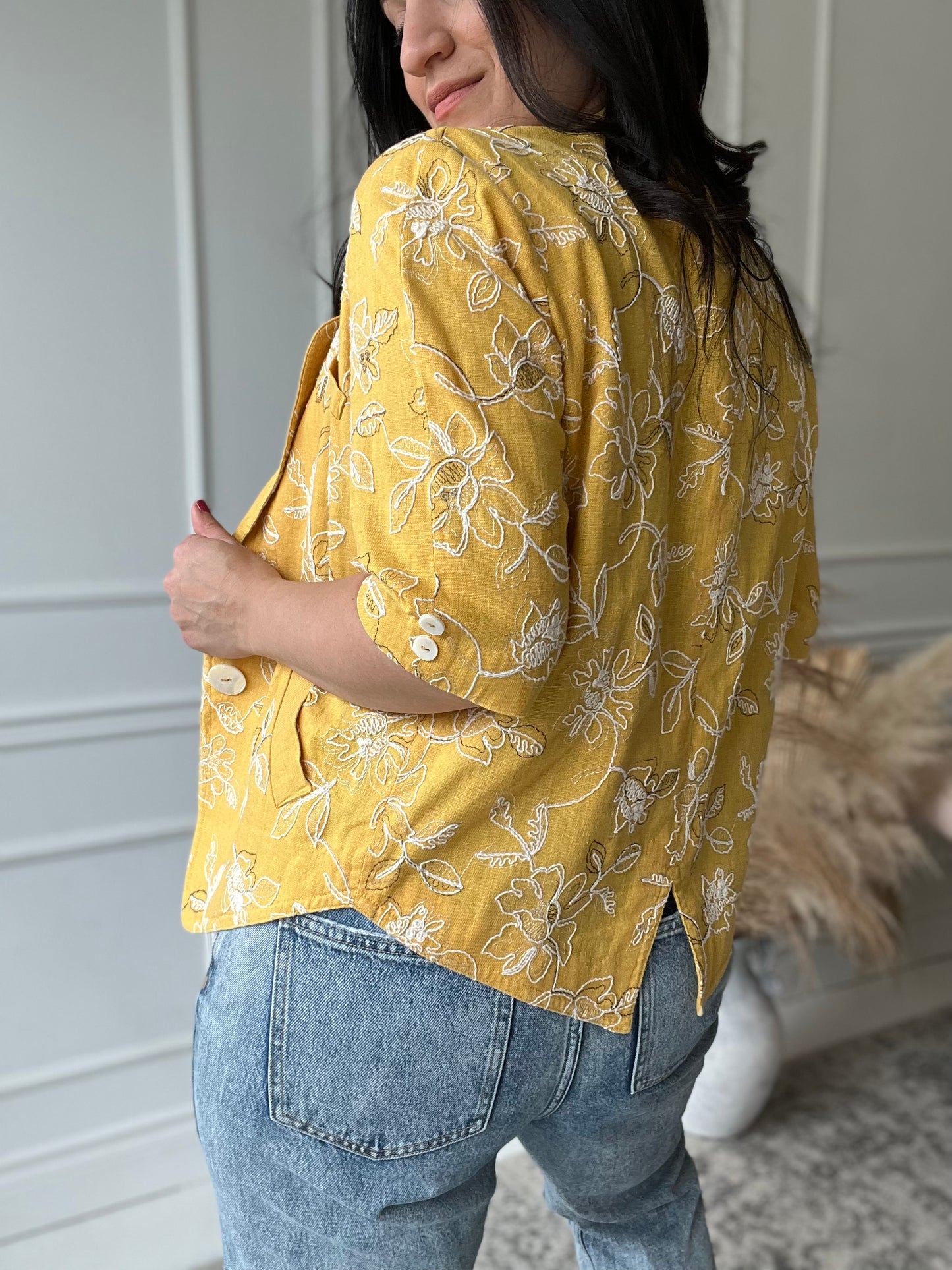 Yellow Embroidered Linen Top - Size M/L