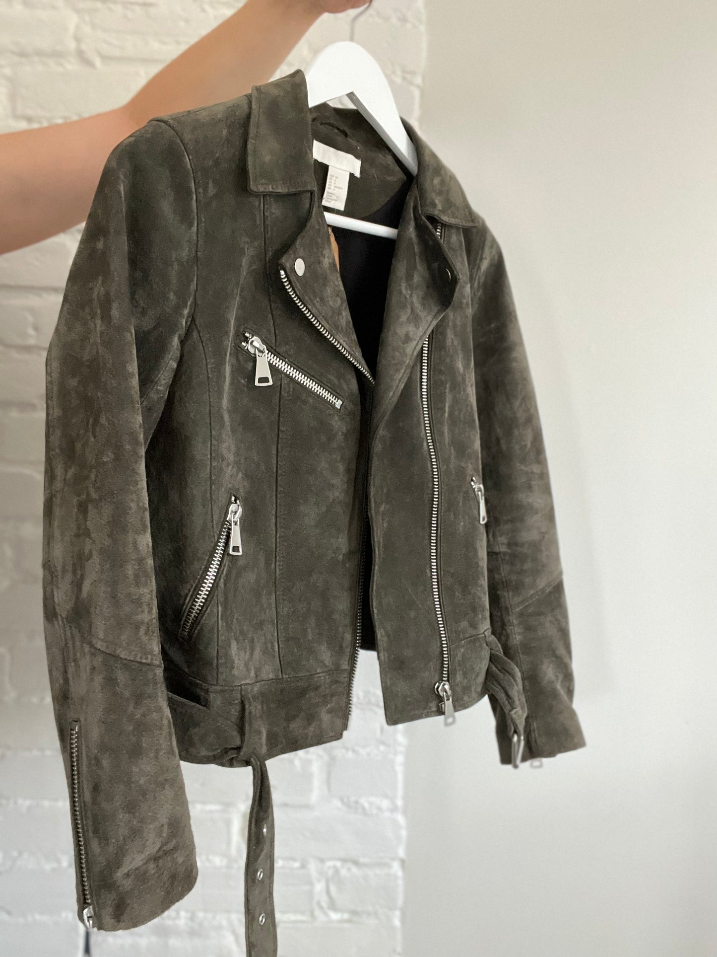 Army Green 100% Leather Suede Moto Jacket - Size 4