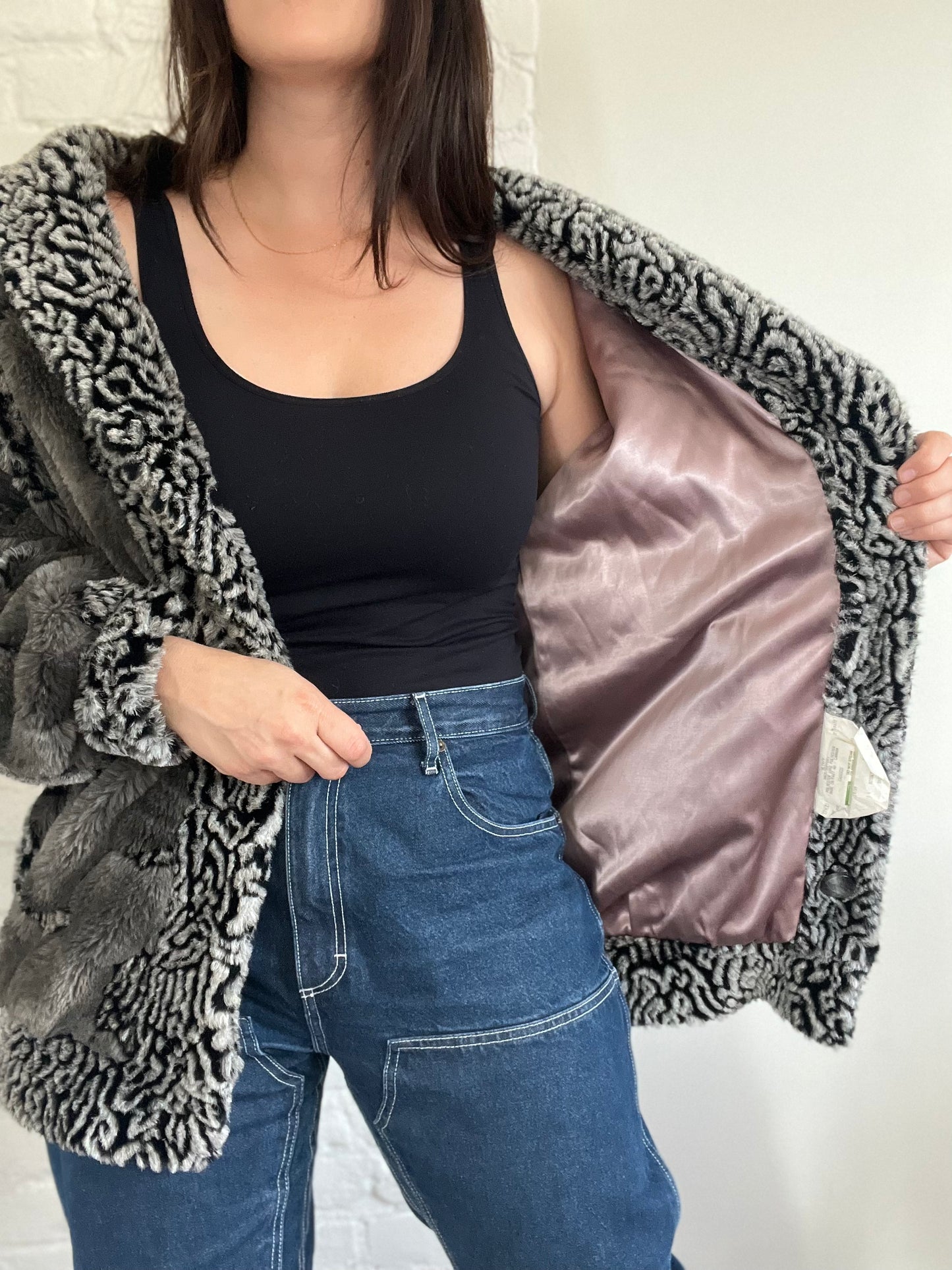 Grey & Black Faux Fur Jacket - Size S/M