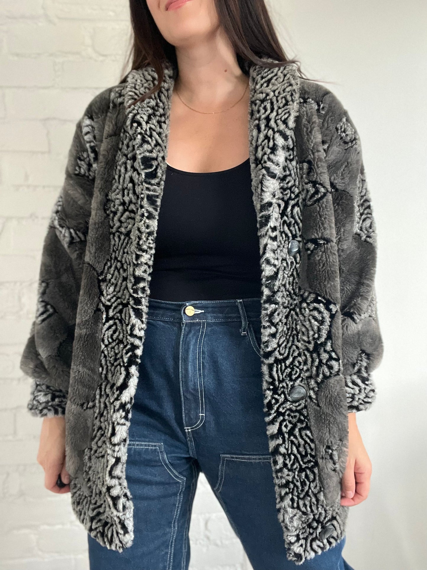Grey & Black Faux Fur Jacket - Size S/M
