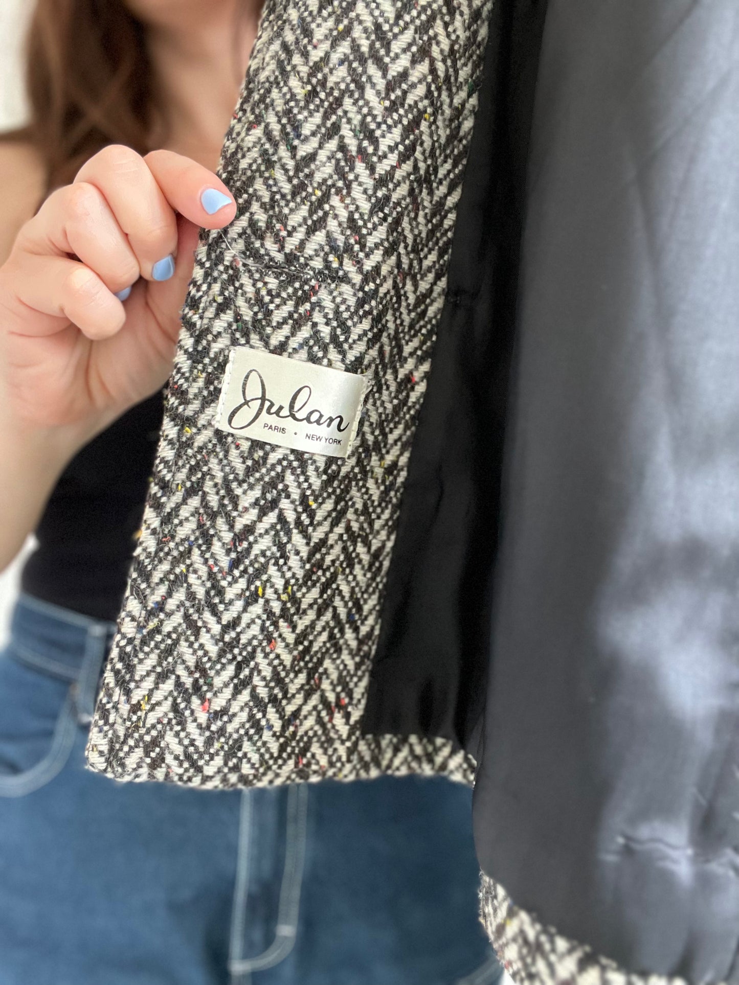 Neutral Confetti Chevron Tweed Coat - M