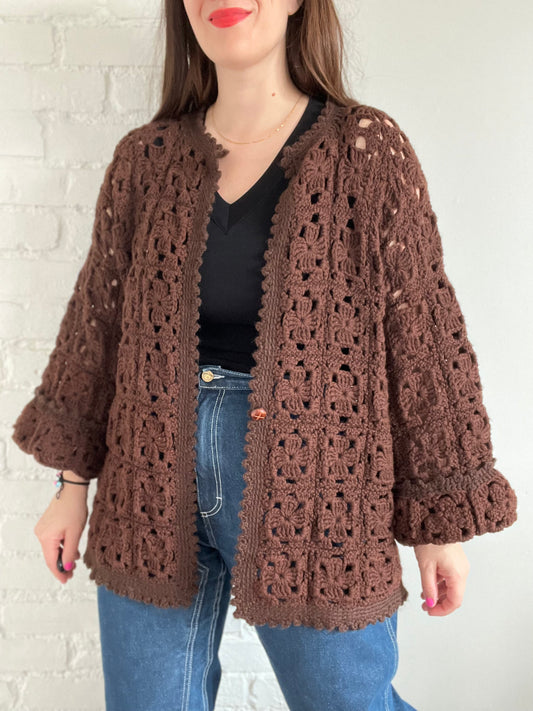 Chocolate Brown Crochet Cardigan - One Size