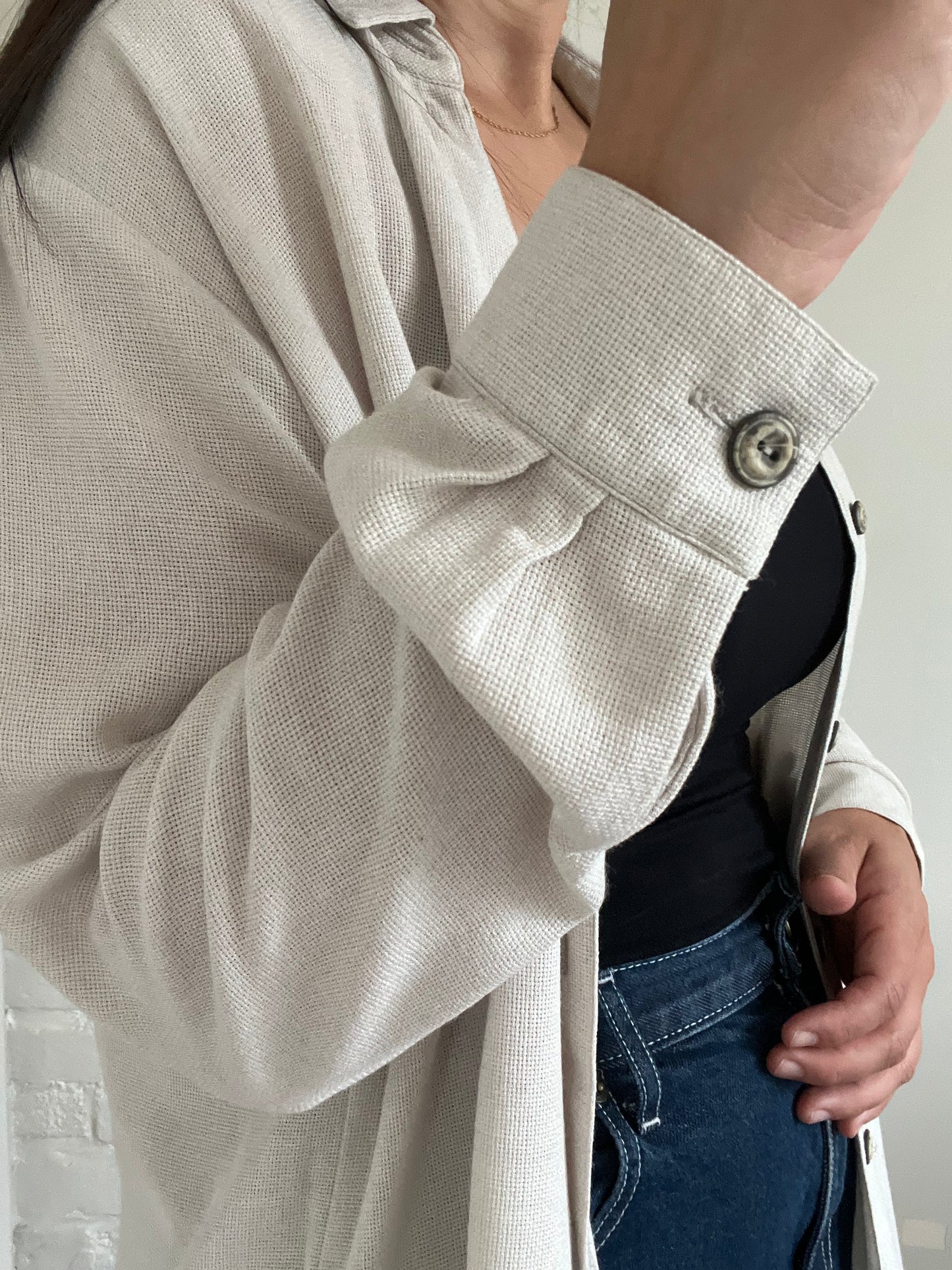 Neutral Waffle Button-Up Shirt - Size L