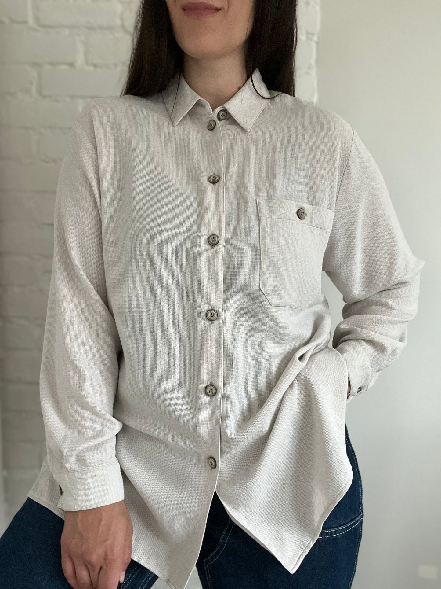 Neutral Waffle Button-Up Shirt - Size L