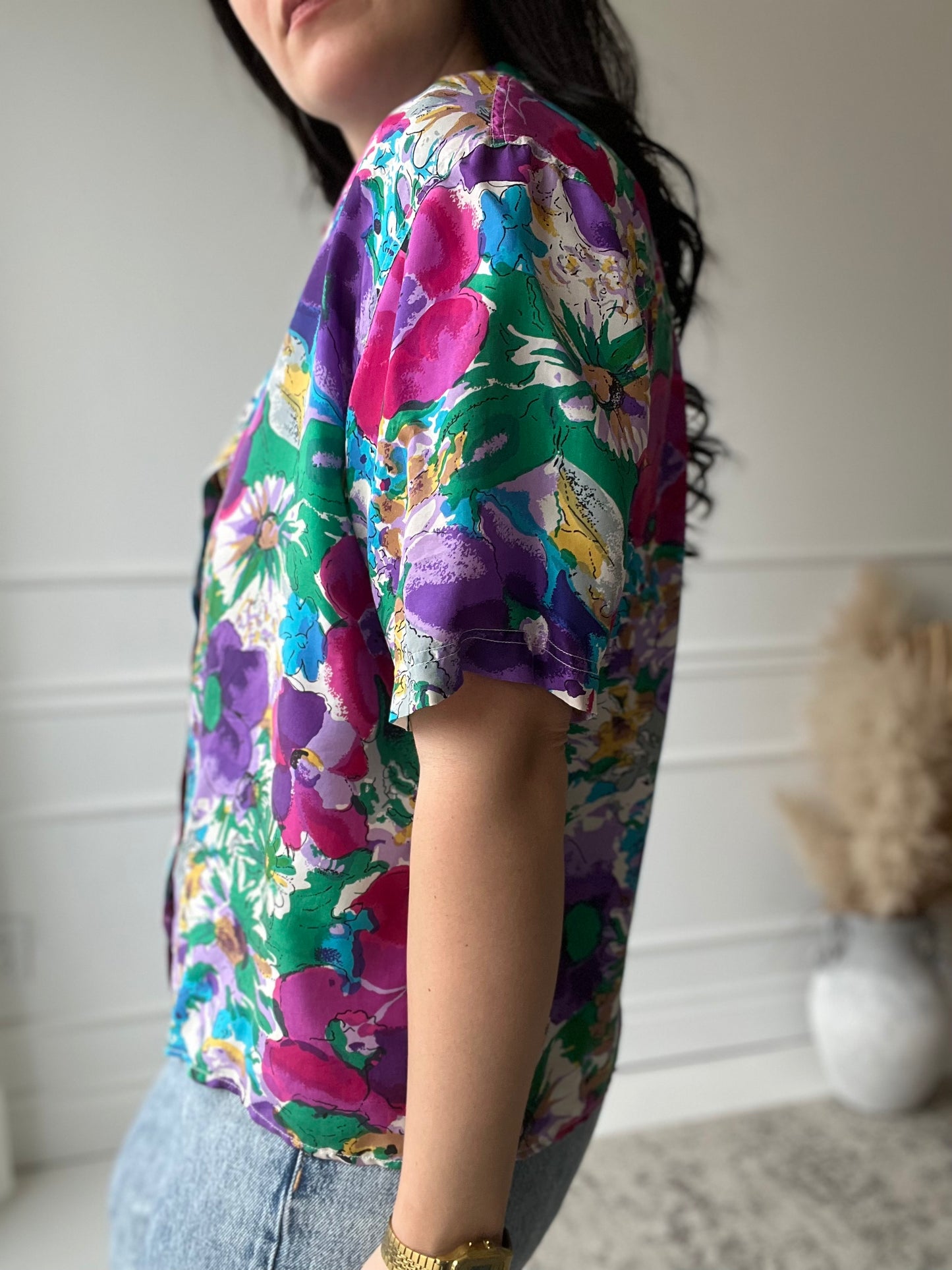 Bright Floral 100% Silk Shirt - Size L