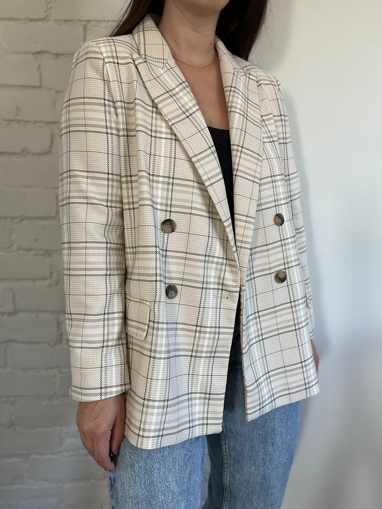 Neutral & Green Plaid Blazer Jacket - Size L