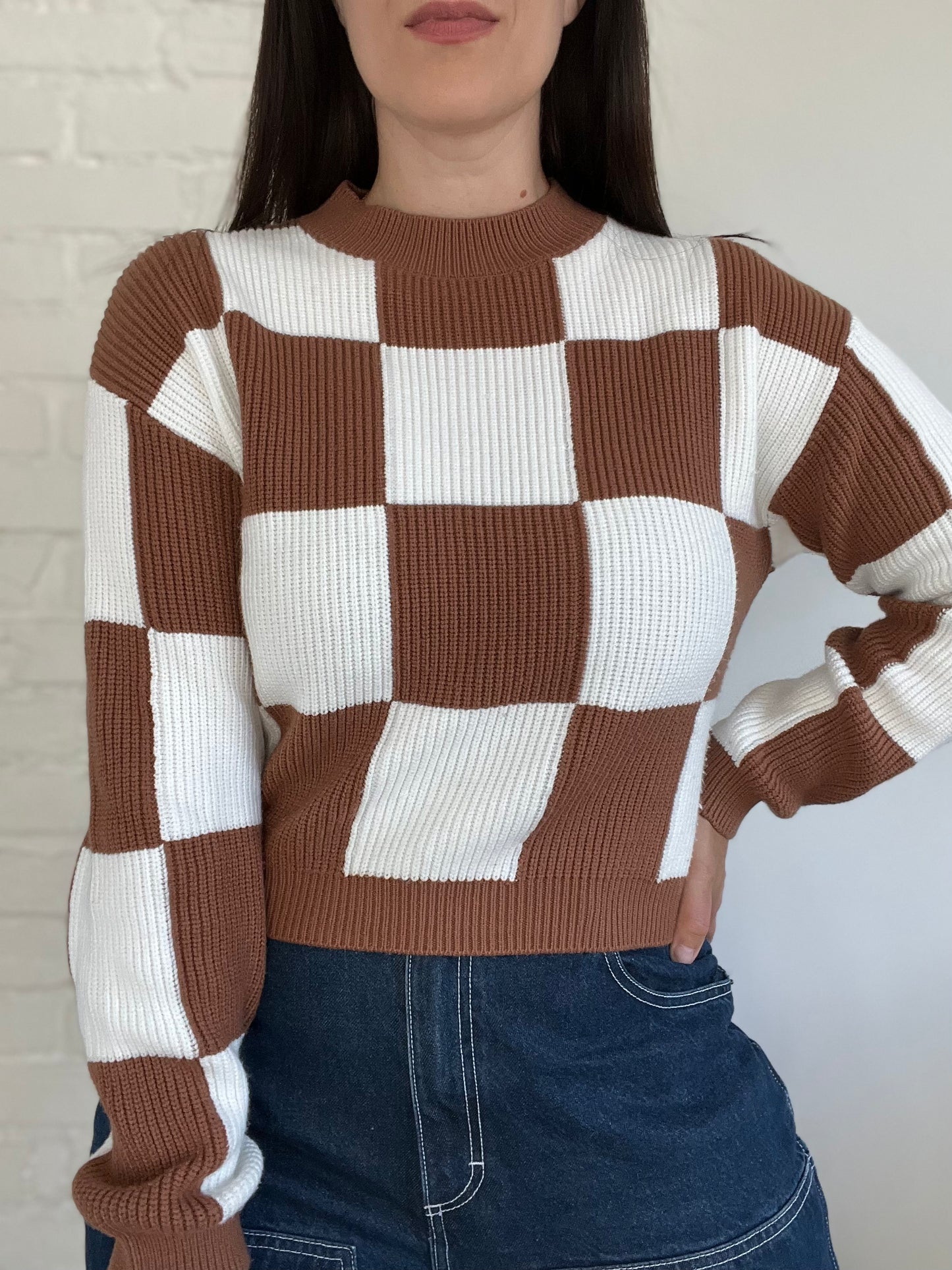 Camel & White Checkered Sweater - Size S