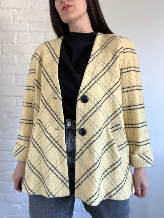Pale Yellow Plaid Wool Blazer - Size XL