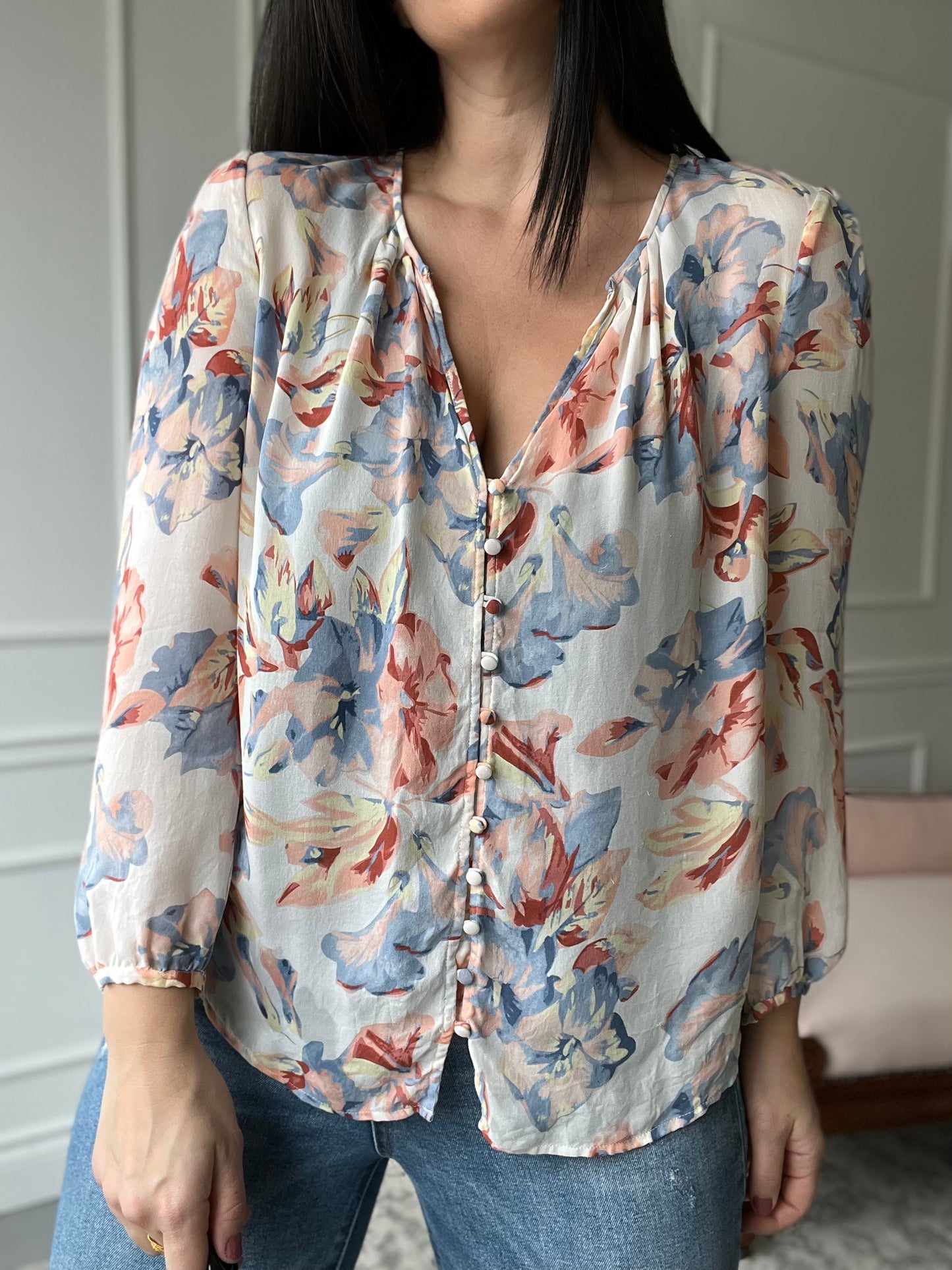 Romantic Floral Silk Top - Size L