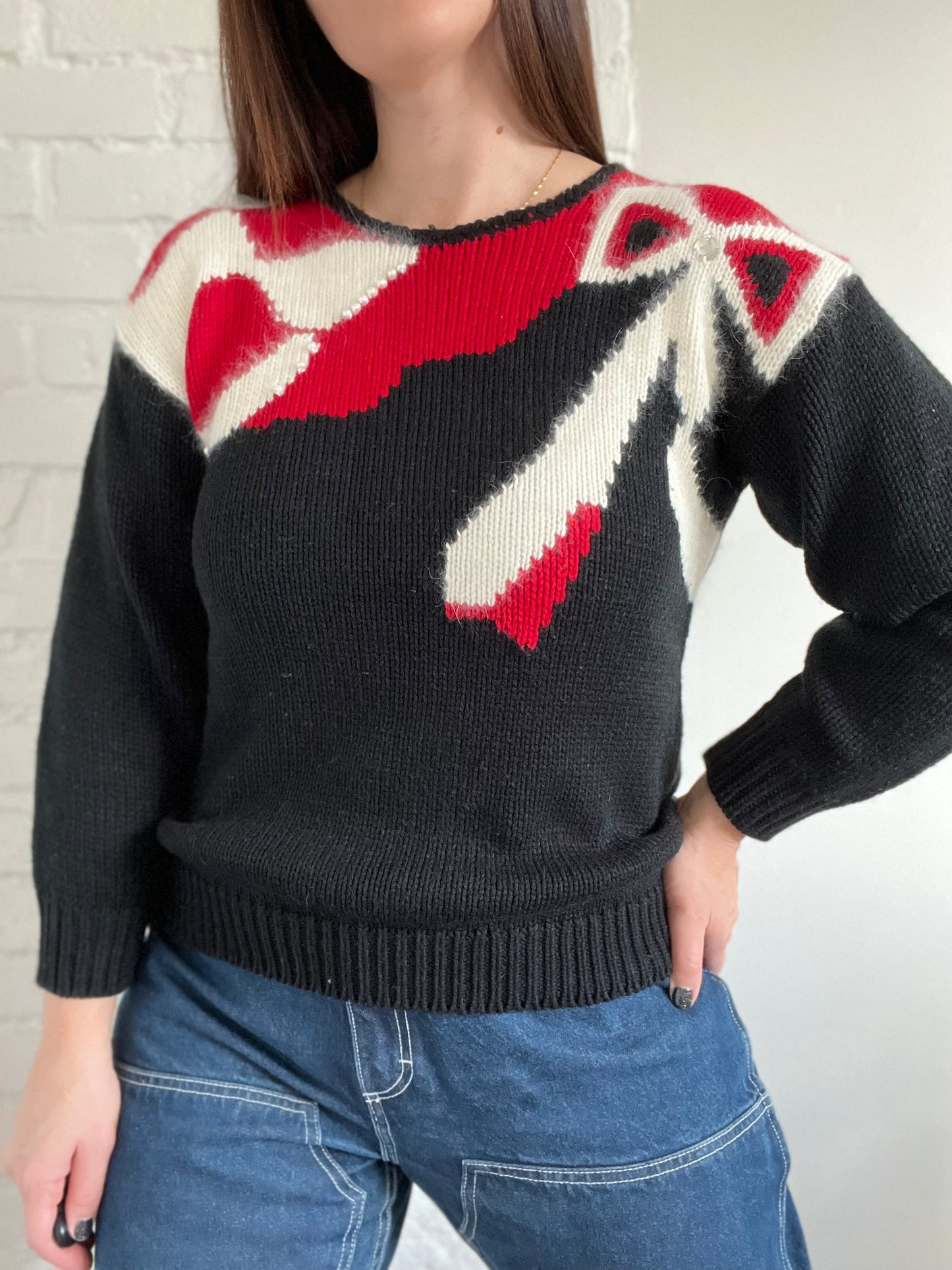 Vintage Holiday Bow Knit Sweater - Size S/M